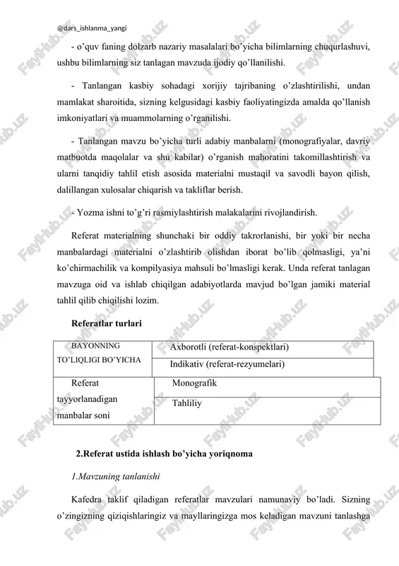 oshirilsin. 4. muammoni tadqiq qilish mantiqini ishlab chiqish, referat rejasini tuzish referat rejasi quyidagicha o’z ichiga olishi kerak: 1. kirish, 1. asosiy qism, 1. xulosa, 1. foydalanilgan adabiyotlar ro’yxati, 1. ilovalar (referatning shart bo’lmagan qismi). referatning rejasi tanlanan mavzuda ko’rilishi lozim bo’lgan masalalar doirasi va referatning asosiy mazmunini belgilaydi. u referatning mavzu materialida umumiy yo’nalish olishga imkon beradi, uning to’g’ri tanlanishi va bayon qilish mantiqini ta’minlaydi. har bir bandi qat’iy tanlangan material bilan ta’minlangan puxta o’ylangan reja referatning muvaffaqiyatli yozilishining go’yat muhim shartidir. referatning asosiy qismi o’zining lo’nda va aniq nomiga ega masalalarga va kichik masalalarga (bandlarga) bo’linishi zarur. 5. to’plangan materialning bir tizimga solinishi va referatning yozilishi kirishda tanlangan mavzuning nazariy va amaliy jihatlardan dolzarbligi asoslanadi, referat qilish maqsadi va vazifalari ifodalanadi. agar referat monografik bo’lsa (bir manba yoki muallif referat qilinayotgan bo’lsa), unda kirishda quyidagilar ko’rsatiladi: 1. muallif haqidagi qisqacha ma’lumotlar (ilmiy darajasi, uning ixtisoslagi, boshqa ishlari); 1. …