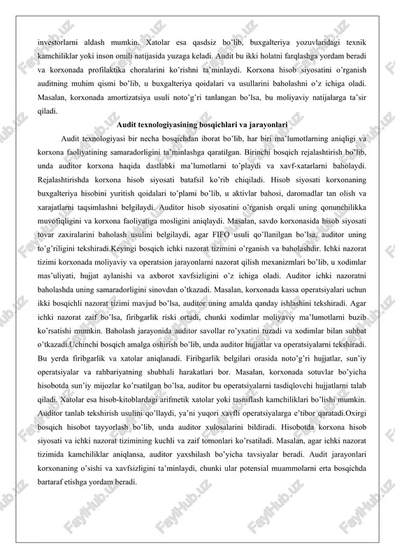 i xodimlar tomonidan qasddan amalga oshirilgan harakatlar bo’lib, moliyaviy hisobotlarni buzib ko’rsatishga olib keladi. masalan, sotuvlar ko’rsatkichlarini sun’iy ravishda oshirish orqali investorlarni aldash mumkin. xatolar esa qasdsiz bo’lib, buxgalteriya yozuvlaridagi texnik kamchiliklar yoki inson omili natijasida yuzaga keladi. audit bu ikki holatni farqlashga yordam beradi va korxonada profilaktika choralarini ko’rishni ta’minlaydi. korxona hisob siyosatini o’rganish auditning muhim qismi bo’lib, u buxgalteriya qoidalari va usullarini baholashni o’z ichiga oladi. masalan, korxonada amortizatsiya usuli noto’g’ri tanlangan bo’lsa, bu moliyaviy natijalarga ta’sir qiladi. audit texnologiyasining bosqichlari va jarayonlari audit texnologiyasi bir necha bosqichdan iborat bo’lib, har biri ma’lumotlarning aniqligi va korxona faoliyatining samaradorligini ta’minlashga qaratilgan. birinchi bosqich rejalashtirish bo’lib, unda auditor korxona haqida dastlabki ma’lumotlarni to’playdi va xavf-xatarlarni baholaydi. rejalashtirishda korxona hisob siyosati batafsil ko’rib chiqiladi. hisob siyosati korxonaning buxgalteriya hisobini yuritish qoidalari to’plami bo’lib, u aktivlar bahosi, daromadlar tan olish va xarajatlarni taqsimlashni belgilaydi. auditor hisob siyosatini o’rganish orqali uning qonunchilikka muvofiqligini …