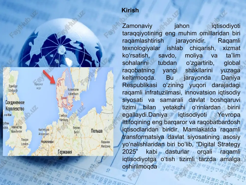 ya korxonalarida 57 foiz ulushga ega bo'lib, bu iqtisodiy o'sishga hissa qo'shmoqda.xalqaro hamkorlik aqsh, buyuk britaniya va yevropa ittifoqi bilan kuchli bo'lib, savdo hajmi milliardlab dollarni tashkil etadi. xalqaro savdo va investitsiyalardagi ishtiroki daniya yashil texnologiyalar va raqamli yechimlar eksportida yetakchi bo'lib, bu soha eksportning 72 foizini tashkil etadi. yashil texnologiyalar, jumladan, qayta tiklanadigan energiya va energiya samaradorligi yechimlari, global bozorda talabga ega. raqamli yechimlar esa energiya tizimini raqamlashtirish va ochiq ma'lumot platformalari orqali eksport qilinmoqda.hukumatning yashil investitsiya dasturlari va raqamli o'sish strategiyasi bu eksportni qo'llab-quvvatlamoqda. masalan, raqamli energiya laboratoriyalari real vaqt ma'lumotlarini sinovdan o'tkazishga imkon beradi. yashil texnologiyalar va raqamli yechimlar eksporti daniya global raqamli raqobatbardoshlikda yetakchi o'rinlarni egallamoqda, masalan, imd world digital competitiveness rankingda yuqori ko'rsatkichlarga ega. 2025 yilda daniya raqamli texnologiyalarni qabul qilish va kashf etish qobiliyatida dunyoda birinchi o'rinlarda turadi. global innovatsiya indeksida ham yuqori o'rin egallab, tadqiqot va rivojlanishga e'tibor qaratmoqda.raqamli hukumat va innovatsiyalar bu …