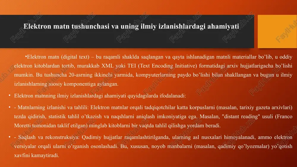 lar o’tmishdagi voqealarni yanada aniq va keng qamrovli tushunish imkoniyatiga ega bo’ladilar. elektron manbalar, xususan, raqamli shaklda taqdim etilgan matnlar, arxiv hujjatlari va ma’lumotlar bazalari, an’anaviy qog’ozli materiallar bilan taqqoslaganda ko’proq qulaylik va samaradorlikni ta’minlaydi. ularning afzalliklari orasida qidiruvning tezkorligi, ma’lumotlarning katta hajmini qayta ishlash qobiliyati va global miqyosda kirish imkoniyati bor. biroq, bu manbalar bilan ishlash maxsus ko’nikmalar va yondashuvlarni talab etadi, chunki ularning xilma-xilligi va texnik xususiyatlari tadqiqot jarayonini murakkablashtirishi mumkin. ushbu bobda quyidagi masalalar batafsil yoritiladi: elektron matnlarni ilmiy baholash usullari, raqamli tarix yo’nalishining paydo bo’lishi va rivojlanishi, elektron manbalar sifatini baholash mezonlari hamda tarixiy ma’lumotlar bazalaridan foydalanishdagi real tajribalar. elektron matnlarni ilmiy tahlil qilish metodlari elektron matnlarni ilmiy baholash tarixiy tadqiqotlarda muhim o’rin tutadi, chunki bu matnlar ko’pincha katta hajmdagi ma’lumotlarni o’z ichiga oladi. ushbu usullar orqali tadqiqotchilar matnlar ichidagi yashirin bog’lanishlarni aniqlay oladilar. masalan, mazmunni baholash usuli elektron matnlarda takrorlanuvchi mavzularni aniqlashga yordam beradi. bu …