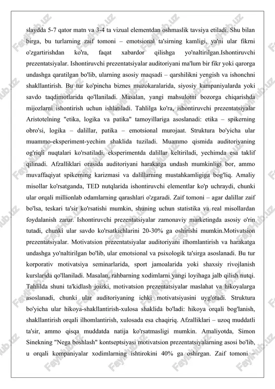 – uzoq muddatli ta'sir, ammo qisqa muddatda natija ko'rsatmasligi mumkin. amaliyotda, simon sinekning "nega boshlash" kontseptsiyasi motivatsion prezentatsiyalarning asosi bo'lib, u orqali kompaniyalar xodimlarning ishtirokini 40% ga oshirgan. zaif tomoni – subyektivlik, ya'ni har bir auditoriya uchun moslashtirish talab etiladi. motivatsion prezentatsiyalar pandemiya davrida onlayn formatda keng tarqaldi, chunki ular izolyatsiyada ruhiy holatni yaxshilaydi. prezentatsiyalarning shakllari prezentatsiyalarning shakllari ularning taqdim etilish usuliga qarab farqlanadi. elektron, og'zaki va interaktiv shakllar eng keng tarqalgan bo'lib, har biri texnologik va insoniy omillarga asoslanadi. bu shakllar orasidagi farqlar samaradorlik va moslashuvchanlikda namoyon bo'ladi.elektron prezentatsiyalar. elektron shakldagi prezentatsiyalar raqamli vositalar orqali amalga oshiriladi va slaydlar, animatsiyalar va multimedia elementlarga asoslanadi. ular masofaviy uchrashuvlarda va katta auditoriyalarda qulay. tahlil qilganda, elektron prezentatsiyalar vizual ta'sirni kuchaytiradi, chunki ular infografika va videolarni oson kiritish imkonini beradi. masalan, zoom orqali o'tkaziladigan korporativ hisobotlar. afzalliklari – saqlash va qayta ishlatish osonligi, ammo texnik nosozliklar xavfi bor. amaliyotda, elektron shakl 80% …
