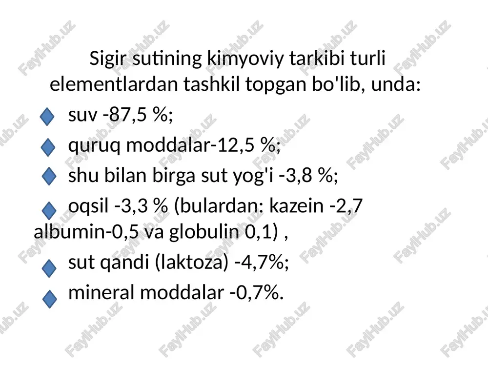 ahsulotlarining sifat ko`rsatgichlari standart talabi bo‘yicha sutlarning fizik-kimiyoviy ko‘rsatkichlaridan yog‘ miqdori, yog‘siz quruq modda miqdori, nordonligi, tozalik darajasi va harorati tekshiriladi. sutlarda yog‘ miqdori ularning turiga qarab 2,5% dan 6% gacha, yog‘siz quruq modda miqdori 7,8-8,1% dan kam bo‘lmasligi, nordonligi kichik idishlarga qadoqlangan pasterizatsiya qilingan sutda dan, sterilizatsiya qilingan sutda esa dan ko‘p bo‘lmasligi talab etiladi. aholiga sotilayotgan sutlarning hamma turi tozaligi bo‘yicha 1-darajali tozalikdan kam bo‘lmasligi kerak. sut mahsulotlarining sifat ko`rsatgichlari sutlarni qadoqlaganda idishlar toza, sizib chiqayotgan joylari bo‘lmasligi, paketlarda bo‘lsa paketlar ivib, deformatsiya bo‘lib qolmagan, aniq va to‘g‘ri tamg‘alangan bo‘lishi kerak. taxir, achchiq, yem-xashak ta’mli, metal, moy, mog‘or, molxona hidi kelib turadigan, konsistensiyasi cho‘ziluvchan va boshqa kamchiliklarga ega bo‘lgan sutlar sotuvga chiqarilmasligi kerak. sut mahsulotlarining sifat ko`rsatgichlari e’tiboringiz uchun rahmat !!! image1.jpeg image2.jpeg image3.jpeg image4.jpeg image5.png image6.png image7.png image8.png image11.png /docprops/thumbnail.jpeg