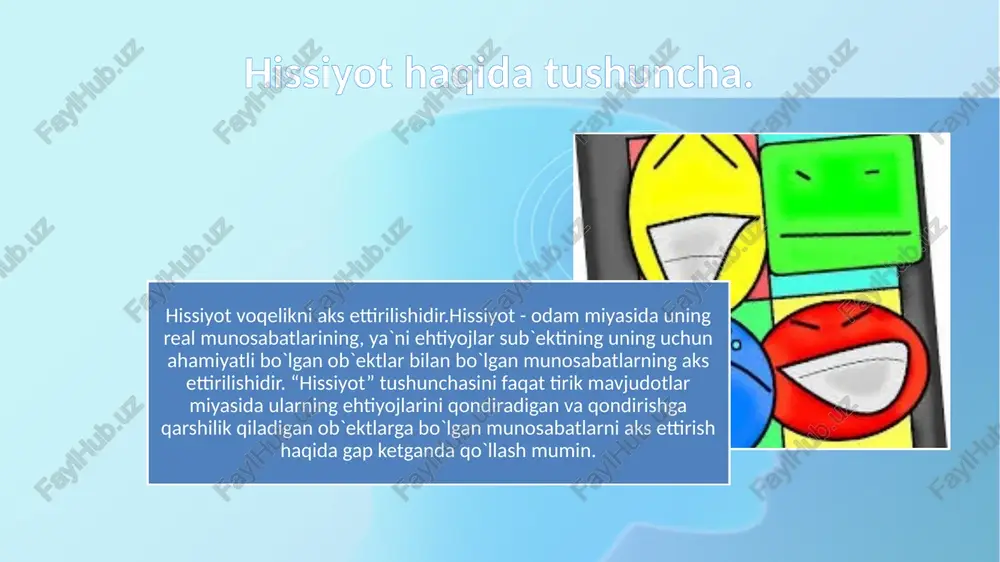 ga molik voqealar uzoq vaqt xotirada saqlanib qoladi. o’tkazuvchi vazifasi hissiyotlar va sezgilarning o‘tkazuvchi vazifasi motivlar raqobatida, ayniqsa, yaqqol ko‘rinadi, buning natijasida kuchli ehtiyoj aniqlanadi. xuddi shunday, inson uchun tabiiy bo‘lgan o‘zini muhofaza qilish instinkti va ma’lum etika me’yorlariga rioya qilish ijtimoiy ehtiyoji o‘rtasida yuzaga kelishi mumkin bo‘lgan qarama-qarshiliklar o‘z mohiyatiga ko‘ra, qo‘rquv va mas’uliyat hissi o‘rtasidagi kurashda joriy etiladi. moslashuvchi vazifasi hissiyotlar tufayli jonli mavjudotlar o‘zlari uchun dolzarb bo‘lgan ehtiyojlarni qondirishda u yoki bu sharoitlarning ahamiyatliligini ko‘rsatishlaridan iborat. ch.darvin fikriga ko‘ra, hissiyotlar moslashtiruvchi vosita sifatida yuzaga kelgan. o‘z vaqtida paydo bo‘lgan sezgi tufayli organizm atrof-muhitga samarali tarzda moslashib olish imkoniyatiga ega. shuningdek, sezgilarning kommunikativ vazifasi ham mavjud. mimika va pantomimika harakatlari insonga o‘z kechinmalarini boshqalarga etkazib berishga, o‘zlarining atrof-olam jism va hodisalariga bo‘lgan munosabatlari haqida ma’lumot berish imkoniyatini tug‘diradilar. mimika, tana holatlari, imo-ishoralar, ma’noli xo‘rsinishlar, tovush ohangining o‘zgarishi «insoniy hislar tili», hissiyotlardan xabar beruvchi vosita bo‘lib hisoblanadi. hissiyotlarning umumlashtiruvchi …