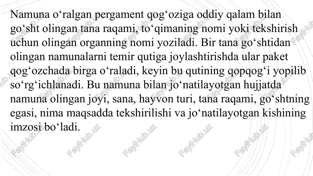 ga e’tibor beriladi. tekshirish xulosasiga binoan, hidning kuchi va kategoriyasi aniqlanadi. shunga muvofiq o‘tkir sezilarli, o‘rta darajali, kuchsiz va juda kuchsiz hidlarga bo‘linadi. hidning kategoriyasi go‘shtning turiga, yangilik darajasiga, molning so‘yilishidan oldingi holatiga bog‘liq bo‘ladi. hidlar tabiatiga ko‘ra quyidagicha tasnifga bo‘linadi: o‘ziga xos (har xil go‘shtlarga xos hidlar); badbo‘y; chirigan; oltingugurt vodorodi; zamburug‘ (mog‘or hidi); oziqa; sassiq; achigan; noaniq. go‘sht ekstraktini tayyorlash. go‘sht ekstraktini tayyorlash uchun 25 gramm go‘sht olinib, u yog‘dan, paydan va suyakdan ajratiladi, keyin 40-50 bo‘lakka bo‘linib, 250 ml. hajmli kolbaga solinadi. bu kolbaga 100 ml. distirlangan suv quyilib, yaxshilab aralashtiriladi. bu go‘sht aralashmasi 15 daqiqa turgandan keyin (shu orada 3 marta qo‘zg‘atiladi) qog‘oz filtridan o‘tkazilib, filtrlanadi. qoidaga muvofiq yaxshi go‘shtdan tayyorlangan ekstrakt filtr qog‘ozidan tezda o‘tadi va bu ekstraktning rangi tiniq bo‘ladi. buzilish jarayoni ketayotgan go‘shtlardan tayyorlangan ekstrakt filtrlanganda yomon filtrlanadi va olingan filtrate loyqa bo‘ladi. nitrosyl-heme vodorod ioni konsentratsiyasining ko‘rsatkichini aniqlash (ph) vodorod shkalasidan (ko‘rsatkichidan) …