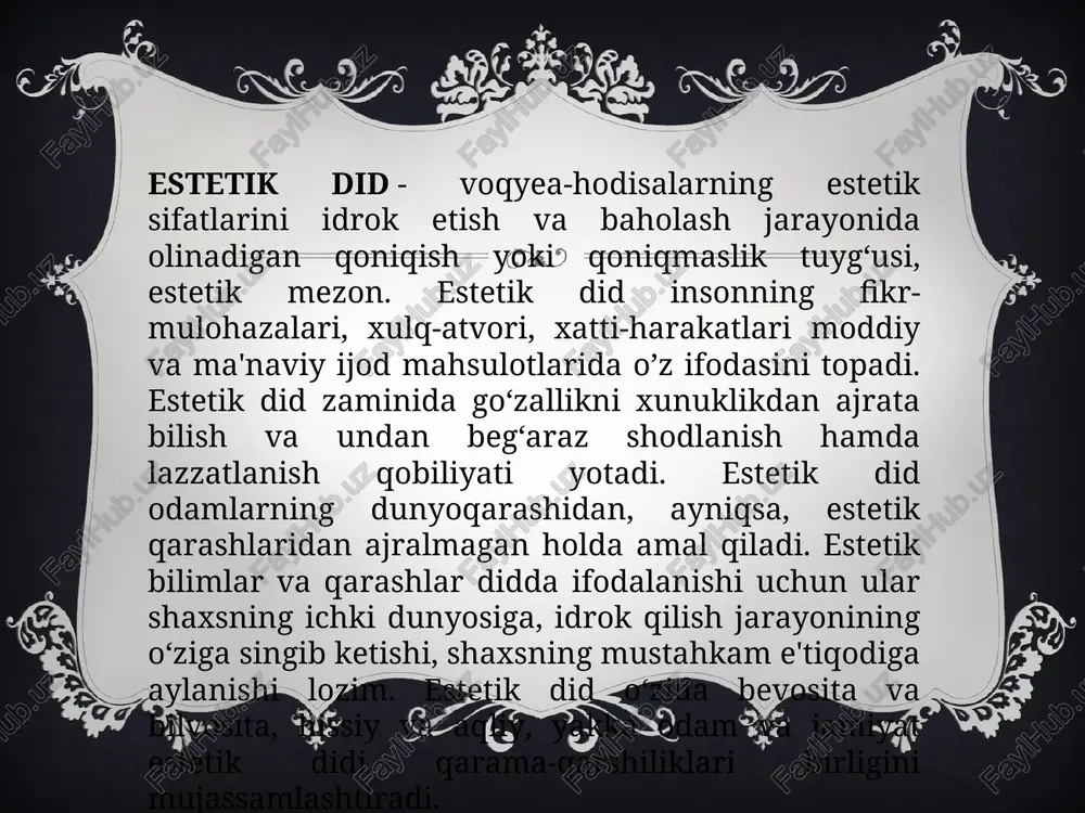 ami ancha kengdir: u odamlarning mehnat faoliyati, unipg natijalari, moddiy va ma'naviy qadriyatlarida o‘z ifodasini topadi. esgetik his-tuyg‘ullr - olamni estetik anglash asosida shakllangan his-tuyg‘ular. ular inson ongining ajralmas tomoni bo‘lib, nafosatli ong sohasida maxsus o‘rin tutadi. ular estetik ongning alohida qatlami, uning poydevorini tashkil qiladi. estetik his –tuyg’ular estetik ongning barcha jabhalariga sayqal beradi va boyitadi. ruhiy hayotning boshqa bo‘laklari singari , estetik his –tuyg’ular ham voqyelik in'ikosini antlatadi, lekin bu tarzdagi in'ikos etish alohida tusda qaror topadi. ularda bilish, kechinmalar o’zaro chirmashib ketgan bo‘ladi. his-tuyg‘ular hamma vaqt insonning o‘z ehtiyojlari qondirilishi yoki qondirilmasligiga bo‘lgan munosabati bilan bog‘liq holda vujudga keladi. o‘z mohiyatiga ko’ra, ijtimoiy tabiatli ma'naviy hosilani tashkil etgan nafosatli his-tuyg‘ular ma'lum fiziologik asoslar va shart-sharoitlarga ham ega. ular birinchi va ikkinchi ogohlantirish (signal) sistemalarining amal qilishi bilan bog‘liq bo‘lib, ularni fiziologik hamda ruhiy- fiziologik jihatlardan ham o‘rganish imkoniyatini yaratadi. estetik his –tuyg’ular o‘z shakli, o‘zining namoyon bo‘lishi …