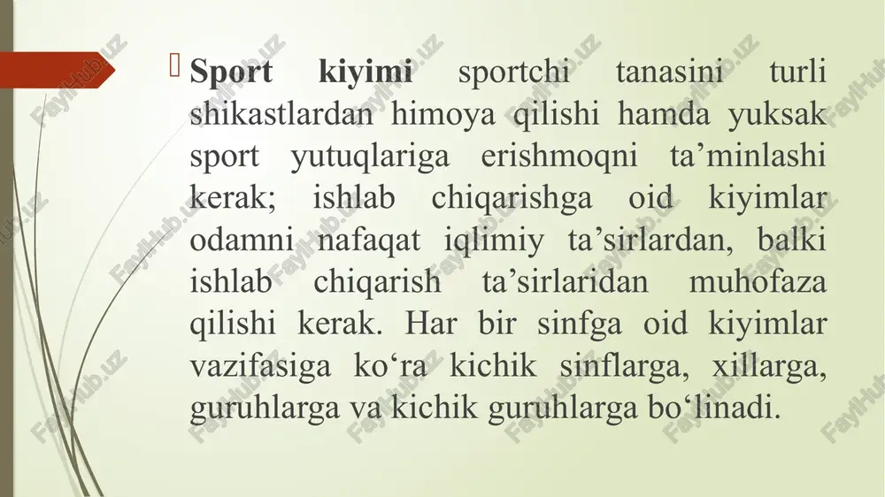 ta ahamiyat kasb etadi. «model» so’zi lotinchada namuna, me’yor, norma demakdir. lekin kiyimlar konstruksiyalashda dizaynerning o’z g’oyalarini amalga oshirgan kiyimidan birinchi namunasi yahlit bichilgan yoki kombinasiyalashtirilgan boshqa bichimli konstruksiyalarni olinadi. kiyimning boshqa hildagi yangi modeli ishlanadi. bu usul kamdan-kam ishlatiladi. yangi model konstruksiyasi namuna tayyorlash orqali aniqlanadi. nazorat savollari: 1. zamonaviy kiyim assortimenti va tavsifini ayting? 2. mahsulot klassifikatorida tikuv buyumlarining tasnifi va kodlanishini ayting? 3. modelni o`rganib, tahlil qilish jarayonining ketma-ketligini ayting? image1.png image2.png image3.png image4.png image5.png image6.png image7.png image8.png image9.png image10.png image11.png image12.png image13.png image14.png image15.png image16.png image17.png /docprops/thumbnail.jpeg