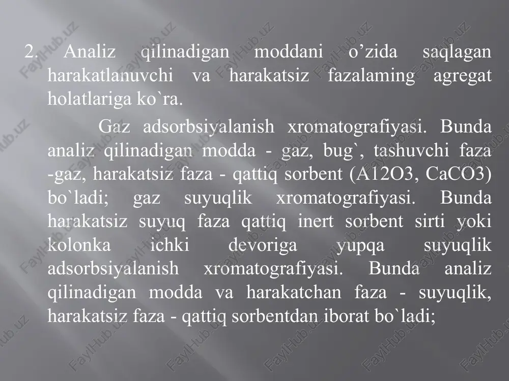 l optik analiz metodlarining sezgirligi elektromagnit nurlarning asosiy tavsifi bu to`lqin uzunligi λ yoki tebranmasi ν (ko`pincha tebranmani o`rniga to`lqin soni ν ishlatiladi). elektromagnit spektr bu – elektromagnit nurlanishning har xil to`lqin uzunligidir. spektrofotometriyada ultrabinafsha (ub), ko`rinadigan va infraqizil (iq) elektromagnit spektrlarning soxalari ishlatiladi. 1.2-jadval elektromagnit nurlarining spektral sohalari atom yoki molekulalarning ichki energiyasi asosan ularning yaxlit butun holdagi aylanma energiyasi, yadrolarning tebranma energiyasi va elektronlarning atom yadrolari va boshqa elektronlar ta`sirida yaratilgan elektrostatik maydondagi harakat energiyasi yig`indisidan iborat . shuning uchun ma`lum bir energetik satxda molekulaning umumiy energiyasi: ye=eel + yetebr + yeayl dan iborat bo`ladi bitta elektron energetik sathga asosiy va bir necha qo`zg`algan tebranma energetik sathlar to`g`ri keladi. bitta tebranma energetik sathga bitta asosiy va bir necha qo`zg`algan aylanma energetik sathlar to`g`ri keladi. atom yoki molekulaga tashqaridan biror energetik ta`sir bo`lmasa, ular eng pastki asosiy energetik holatga joylashadi iq nurni yutilishi molekulani tebranma va aylanma energiyasini o`zgarishiga …