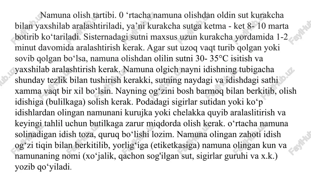 sut hidi bilan ajralib turadi. begona hidlar bo‘lmasligi kerak. achigan yoki nordon hid – sut buzilgan yoki saqlash sharoitlari noto‘g‘ri. maysali yoki yem-xashak hidi – hayvonning yegan yemiga bog‘liq bo‘lishi mumkin. dori yoki kimyoviy moddalarga o‘xshash hid – hayvonga dori-darmonlar qo‘llangan bo‘lishi mumkin. ammiak yoki chirigan hid – bakterial yoki fermentativ buzilish belgilari ta’mi va mazasi me’yori iste’molga noloyiqligi yangi sut yoqimli, ozgina shirin ta’mga ega bo‘lishi kerak. ortiqcha yoki begona ta’mlar sezilmasligi lozim. nordon ta’m – sut achigan yoki fermentatsiya jarayoni boshlangan. achchiq ta’m – hayvon kasallangan yoki sut noto‘g‘ri saqlangan. sho‘r ta’m – mineral moddalar ortiqcha bo‘lishi yoki mastit kasalligi belgisi bo‘lishi mumkin. metalga o‘xshash ta’m – sut tarkibida temir yoki boshqa minerallar ko‘p. suvli yoki past ta’mlilik – sut suyultirilgan yoki yog‘ miqdori kamaygan konsistensiya sut bir xil silliq va suyuq tuzilishga ega bo‘lishi kerak. tarkibida ajralmalar bo‘lmasligi, suyuqlik bir xilda tarqalishi lozim. qalinlashgan yoki yopishqoq – …