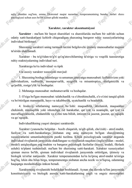 i va bu reaktsiyaning paydo bo'lish tezligi bilan belgilanadi. 2. reaktivlik bir xil kuchdagi tashqi yoki ichki ta'sirlarga (tanqidiy mulohazalar, haqoratomuz so'z, o'tkir ohang, hatto tovush) ixtiyoriy reaktsiyalar darajasi bilan tavsiflanadi. 3. aktivlik insonning tashqi dunyoga qanchalik intensiv (energetik) ta'sir qilishini va maqsadlarga erishishda to'siqlarni yengib o'tishini (qat'iyatlilik, diqqatni jamlash) ko'rsatadi. 4. reaktivlik va aktivlik nisbati inson faoliyati ko'proq nimaga bog'liqligini belgilaydi; tasodifiy tashqi yoki ichki tafsilotlardan (kayfiyat, tasodifiy hodisalar) yoki maqsadlardan, niyatlardan, e'tiqodlardan. plastiklik va frigidlik insonning tashqi ta'sirlarga qanchalik oson va moslashuvchan moslashishini ko'rsatadi. 5. reaksiyalarning tezligi. biz bu xususiyatni turli ruhiy reaksiyalar va jarayonlarning tezligi, ya'ni harakatlar tezligi, nutq tezligi, yodlash tezligi, aqlning tezkorligi, topqirlik bilan baholaymiz. 6. plastiklik - rigidlik. shaxsning tashqi ta'sirlarga moslashuvining qulayligi va moslashuvchanligi plastiklikdir. rigidlik - xulq-atvor, odatlar, mulohazalar inertsiyasi. 7. ekstraversiya, introversiya shaxsning reaktsiyalari va faoliyati asosan nimaga bog'liqligini aniqlaydi - ayni paytda yuzaga keladigan tashqi taassurotlardan (ekstrovert) yoki o'tmish va …