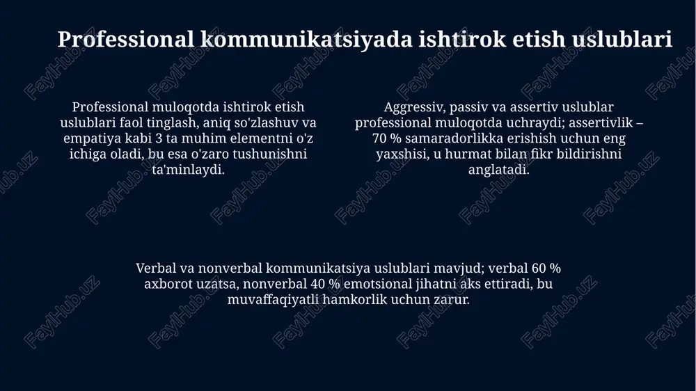 katlar uchun tavsiyalar berish yoki taqdimotning 90% asosiy mohiyatini tinglovchilar xotirasida mustahkamlash juda muhimdir. xulosa, muhim yakuniy qism bo'lib, unda asosiy fikrlar qayta ta'kidlanadi va taqdimotning 100% maqsadiga erishilganligi ko'rsatiladi. bu tinglovchilarni xabardor qiladi. professional muloqotda xulosa qisqa va aniq bo'lishi kerak, taxminan 3-5 daqiqa davom etishi lozim va auditoriyaning e'tiborini jamlash uchun kuchli yakunlovchi bayonotni o'z ichiga oladi. e'tiboringiz uchun rahmat image5.png image4.jpeg