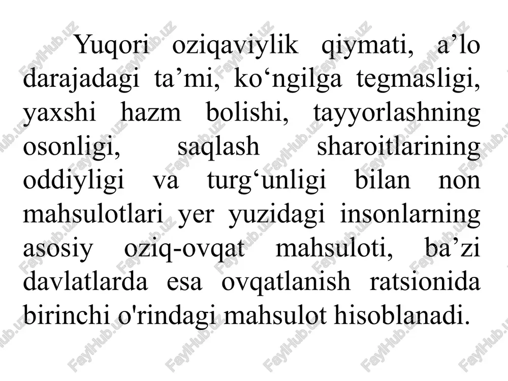 tning sifat ko‘rsatkichlarini baholash alohida ahamiyatga egadir. zero, ovqatlanishda birinchi darajali ahamiyatga ega non sifatini aniqlashda iste’molchi birinchi navbatda uning yangiligi, tashqi ko’rinishi, yumshoqligi, pishganligi, ta’mi va xushbo’yligiga e’tibor beradi. nonning bu ko‘rsatkichlarini organoleptik usullar bilan aniqlash tegishli me’yoriy hujjatlarda (gost, rst, tsh) ham ko‘zda tutilgan. bugungi kunda «organoleptik baholash usullari» deb atalgan ibora eskiribqolganligi sababli, uni o’rniga «sensorlik baholash usullari» iborasi qollanilmoqda. «organoleptik» va «sensorlik» degan so’zlar bir tushunchaga ega bo‘lib, ya’ni insonning sezuv organlari yordamida baholash ma’nosini bildiradi. ammo sensorlik uslubiga binoan mahsulotni sifatini aniqlashda faqatgina sezgirligi maxsus uslublar yordam ida tekshirilgan shaxslar (ekspertlar) ishtirok etishi m um kin. bu uslublarga binoan sensorlik analizda qatnashadigan shaxsning sensorlik sezgirligi, ya’ni uning sezish va payqash «bo‘sag‘alaridan» iborat sezgirlik «bo‘sag‘asi», ham da farqlash «bo‘sag‘asi» inobatga olinadi. sinovlardan muvaffaqiyatli o‘tgan shaxs ekspert hisoblanadi. uning tegishli sharoitda o'tkazilgan oziq-ovqat mahsulotlari sifatini sensorlik baholash natijalari, analitik yol bilan aniqlangan natijalarga yaqinlashadi. non mahsulotlarini organoleptik …