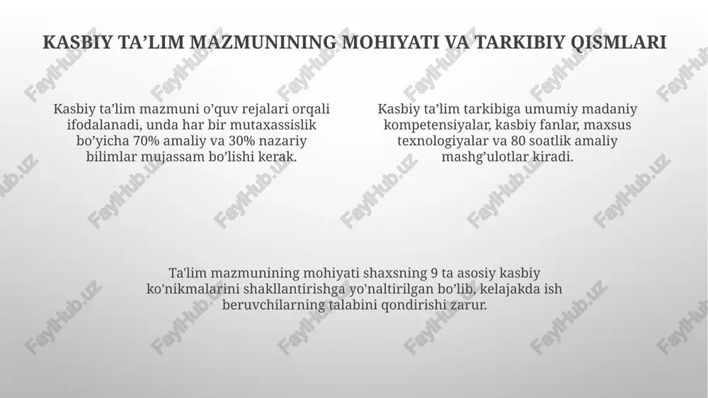 ntlikni aniq baholash imkonini beradi. ishlab chiqarish amaliyoti talabalarga 70% amaliy tajriba beradi, nazariy bilimlarni mustahkamlaydi va real ish muhitida kasbiy kompetensiyalarni rivojlantirishga yordam beradi. korxonalarda amaliyot o'tash orqali talabalar zamonaviy texnologiyalar bilan tanishadilar, ishlab chiqarish jarayonlarining 8 asosiy bosqichini o'rganadilar va 5 ta asosiy ko'nikmani shakllantiradilar. dual taʼlim tizimi: nazariya va amaliyot dual taʼlim tizimi nazariyasi, xususan germaniya modeli, ish beruvchilarning faol ishtirokini talab qilib, amaliy ko'nikmalarga 70% va nazariyaga 30% e'tibor qaratadi. amaliyotda dual ta'lim korxonalarda bo'lib, talaba haftaning 3-4 kunini ishlab chiqarishda o'tkazib, haftaning 1-2 kunini nazariy bilim olishga sarflaydi. dual ta'lim tizimida baholash ikki tomonlama: korxona tomonidan amaliy ko'nikmalar baholanadi, kollej esa nazariy bilimlar bo'yicha testlar o'tkazadi, yakuniy natija 5 ballik tizimda chiqariladi. kasbiy standartlar va ularning taʼlim mazmuniga taʼsiri kasbiy standartlar malaka talablarini belgilab, ta’lim mazmunini shu talablarga moslashtirish orqali bitiruvchilarning 70% bandligini ta’minlashga xizmat qiladi. o'quv dasturlari kasbiy standartlarga muvofiq qayta ko'rib chiqiladi, bunda …