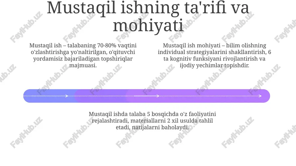 aqil ishda uchraydigan muammolar va ularni bartaraf etish yo'llari add text add text add text add text add text add text resurslarning cheklanganligi: 20% talabalar kerakli ma'lumotlar yoki texnologiyalarga ega emas. kutubxona resurslarini kengaytirish va onlayn platformalarni takomillashtirish kerak. talabalarning 30%i mustaqil ish topshiriqlarini tushunmasligi, aniq ko'rsatmalar berilmaganligi sababli kelib chiqadi. buni bartaraf etish uchun aniq maqsadlar va baholash mezonlari zarur. vaqt yetishmasligi: 45% talabalar o'z vaqtini noto'g'ri taqsimlaydi, bu esa ish sifatining pasayishiga olib keladi. vaqtni boshqarish bo'yicha treninglar o'tkazish foydali. talabalarning motivatsiyasini oshirish usullari 01 02 03 talabalarga o'zlashtirilgan bilimlarini amaliyotda qo'llash imkoniyatini berish orqali, masalan, real loyihalar yoki 2-3 hafta davomida amaliy mashg'ulotlarda ishtirok etish orqali motivatsiyani oshiring. o'quv jarayonida o'yin elementlarini (gamifikatsiya) joriy eting, reyting tizimini va 5-10% gacha qo'shimcha ball beradigan qisqa muddatli tanlovlarni qo'llang. talabalarni qiziqtiruvchi, ularning professional yo'nalishiga mos keladigan mavzularda mustaqil ishlashga yo'naltiring. kamida 3 xil vazifa variantini taklif qiling. sales 1st …
