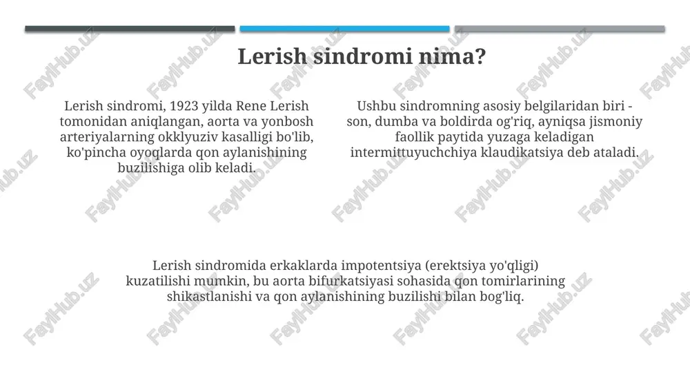 ing erta belgilarini namoyon qiladi. prognoz ijobiy prognoz operatsiyadan keyin 5 yil ichida oyoqlarda qon aylanishini yaxshilash va yurak-qon tomir asoratlarining 15% dan kam bo'lishi bilan bog'liq. "prognoz" - kasallikning ehtimoliy kechishi va oqibatlarini oldindan aytish uchun ishlatiladi, masalan, lerish sindromida qon tomirlarini rekonsturksiya qilishdan keyingi natijalar. prognoz lerish sindromi holatida bemorning yoshi, yondosh kasalliklar (masalan, diabet 2-tipi), va arterial qon tomirlarining zararlanish darajasiga asoslanib belgilanadi. profilaktika profilaktika yurak-qon tomir xavfini kamaytirishga qaratilgan bo'lib, xavf omillarini nazorat qilish orqali tromblarning shakllanish ehtimolini kamaytirishni o'z ichiga oladi. profilaktika qon bosimini 130/80 mm simob ustunidan pastroq darajada ushlab turishni, lipidlarni maqsadli darajalarga yetkazishni va qonda qand miqdorini nazorat qilishni talab qiladi. tamakiga bog'liqlikni davolash va muntazam jismoniy faollik, haftasiga kamida 150 daqiqa o'rtacha intensivlikdagi mashqlar yoki 75 daqiqa yuqori intensivlikdagi mashqlar bilan shug'ullanish profilaktika choralarining muhim qismidir. klinik holat misoli klinik holatda, 55 yoshli erkak dumba sohasida og'riq, chov sohasida pulsning yo'qligi …