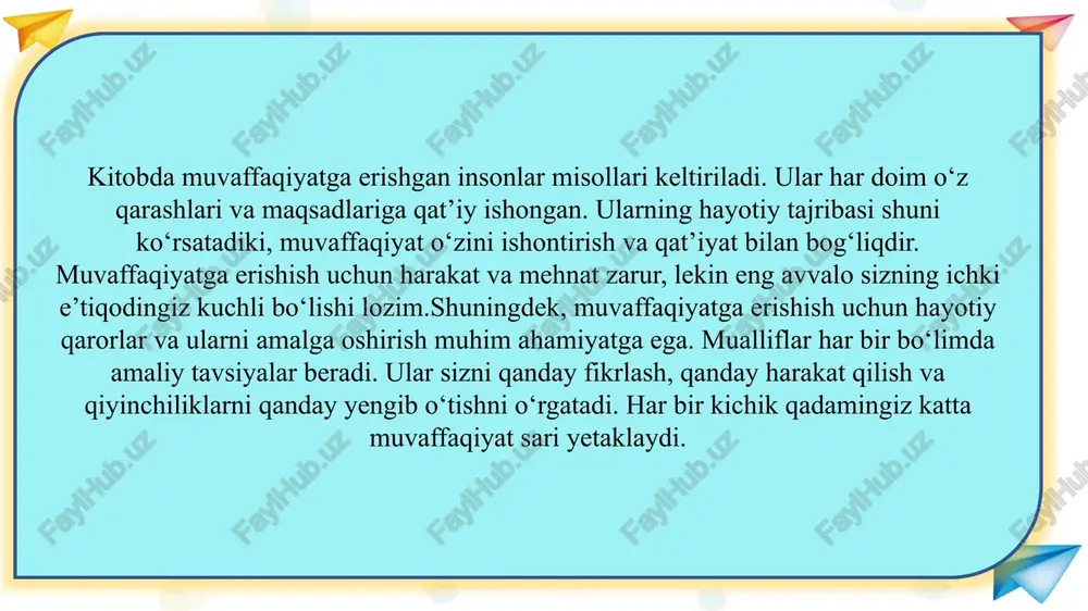 m erishasiz. amaliy mashqlar ongni kuchaytiradi va muvaffaqiyatga erishish uchun qulay zamin yaratadi. boylik – bu nafaqat pul miqdori, balki ongning holati va fikrlash qobiliyatidir. sizning qarashlaringiz va e’tiqodlaringiz moliyaviy muvaffaqiyatni shakllantiradi. shu sababli ongni rivojlantirish va o‘zini ishontirish ustida ishlash muhimdir. kitob mualliflari shuni ta’kidlaydiki, muvaffaqiyatga erishish uchun ichki ongni boylik va muvaffaqiyatga moslashtirish zarur. har bir fikr, har bir tasavvur sizni kelajakdagi boylik sari yetaklaydi. amaliy mashqlar orqali o‘quvchi o‘z ongini rivojlantiradi, tasavvurlarni boylik bilan bog‘laydi va harakatlarini muvaffaqiyat yo‘lida yo‘naltiradi. shu tarzda, ong va amaliyot bir-birini qo‘llab-quvvatlaydi. o‘zini ishontira bilish va ongning cheksiz imkoniyatlarini anglash har bir inson uchun moliyaviy muvaffaqiyatga erishishning asosiy shartidir. bu prinsiplar hayotga tatbiq etilganda, inson katta boylik va muvaffaqiyatga erishadi. shu bilan birga, muvaffaqiyat tasavvuri va amaliy mashqlar birlashtirilganda, ong va harakatlar uyg‘unlashadi. bu uyg‘unlik insonni moliyaviy erkinlik va shaxsiy rivojlanishga olib keladi. boylik – bu faqat tashqi narsalar emas, balki ong …