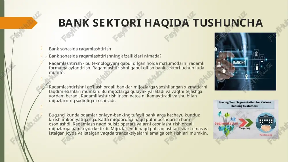 nklarga to‘g‘ri keladi. ushbu kamchiliklarni o‘rganib chiqib, o‘zbekistondagi barcha tijorat banklari 2020 yilda transformatsiya jarayoniga tayyorgarlik ko‘rmoqda. - dedi o. hakimov. o’zbekistonda bank sektorida amalga oshirilayotgan o’zgarishlar bugungi kunda o‘zbekiston bank tizimi yuqori konsentratsiyasi bilan ajralib turadi: barcha bank aktivlarining 86% hali davlatga, 70% esa 5 ta davlat banklari (milliy bank, asaka bank, sanoat qurilish bank, ipoteka bank va agro bank) ga qarashli. shuningdek, kreditlarga nisbatan davlat ulushi bo‘lgan bank omonatlarining ulushi 31,5 foizni tashkil etishi qayd etildi. taqqoslash uchun, xususiy banklarda bu ko‘rsatkich 100% ga teng. markaziy bank va moliya vazirligi jahon banki bilan birgalikda bank sektorini rivojlantirishning uzoq muddatli strategiyasini ishlab chiqmoqda. bundan tashqari, moliya vazirligi huzurida tijorat banklarini davlat ishtirokida isloh qilishni muvofiqlashtirish boshqarmasi tashkil etildi. o‘zbekistondagi ko‘plab tijorat banklari 2020 yilda transformatsiya jarayonidan o‘tishlari tavsiya etiladi. tadbirda xalq bank, hamkor bank, asaka bank, sanoat qurilish bank vakillari ishtirok etdilar. xususan, biznesni rivojlantirish va mijozlarga qulayliklar yaratish …