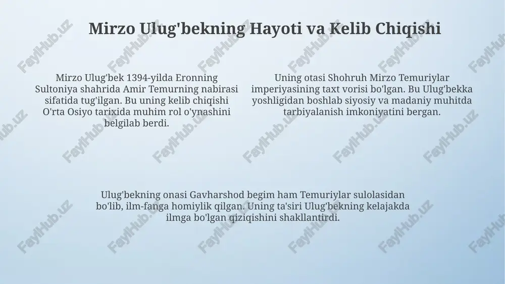 iya va matematikaga oid 20 ga yaqin istilohlarni o‘z ichiga olgan hikmatli pand-nasihat ruhida yozilgan. ulug‘bekning ruboiylari o‘zining ixchamligi va falsafiy mazmuni bilan ajralib turadi; unda 14-15-asrlar madaniy muhiti va ilm-fan rivojiga bo‘lgan qiziqish 35 misrada aks etgan. ulug'bekning fojeali o'limi ulug'bekning o'g'li abdullatifning fitnasi natijasida 1449-yil 27-oktabrda samarqand yaqinida ulug'bekning boshi judo qilindi, bu fojia ilmiy taraqqiyotga katta zarba berdi. ulug'bekning qatl etilishi siyosiy sabablarga ko'ra sodir bo'ldi, abdullatif taxtga o'tirgach, otasini islom qonunlariga zid ravishda hukm chiqarganlikda aybladi. ulug'bekning o'limi nafaqat olimning hayotiga nuqta qo'ydi, balki uning astronomik kuzatuvlari va ilmiy merosiga nisbatan dushmanlik muhitini yaratdi, bu esa taraqqiyotni susaytirdi. uning ilmiy merosining keyingi avlodlarga ta'siri ulug‘bekning "ziji ko‘ragoniy" asari 1437-yilda yakunlanib, astronomiyada 1018 yulduzni aniq joylashuvini belgilab berdi va yevropa olimlari tomonidan keng qo‘llanildi. ulug‘bek maktabi 15-asrda matematika, astronomiya va boshqa fanlarni rivojlantirish markazi bo‘lib, keyingi avlod olimlarining ilmiy salohiyatini oshirdi. ulug‘bekning ilmiy uslublari va kuzatuvlari keyingi …