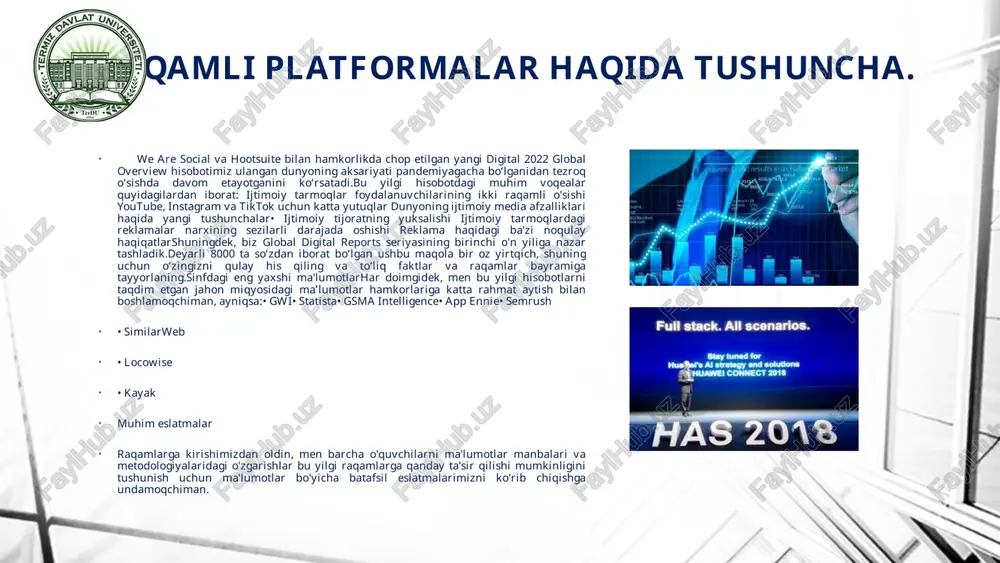 atning ijtimoiy-iqtisodiy rivojlanishi. 5 raqamli platformalarning kelib chiqishi va rivojlanish tendensiyalari. informatika, hisoblash uskunalari, operatsion anjom va telekommunikatsiyalarning zamonaviy yutuqlari yuqori texnologiya turini, ya'ni axborot texnologiyalarini yanada yuqori darajaga ko'tardi. informatika, hisoblash uskunalari va kommunikatsiyalari sohasida ilmiy va amaliy tadqiqotlar natijalari bilim va axborot sanoatining yangi tarmog'ining paydo bo'lishi uchun mustahkam asos yaratdi. dunyodagi axborot xizmatlari, kompyuter ishlab chiqarish va kompyuterlashtirish, avtomatlashtirilgan axborotni qayta ishlash texnologiyasi dunyoda muvaffaqiyatli rivojlanmoqda; materialsiyalanmagan ko'lamli ko'lamli va yuqori sifatli o'tish telekommunikatsiya sohasi va texnologiyasiga - millionlab iste'molchilarni qamrab olgan va axborotni tashish va iste'molchilarning o'zaro munosabatlarini bildirish uchun keng kosmik aloqa liniyasidan yuqori. ushbu kompleks barcha kompleks (iste'molchilarning vazifalari, informatsiyasi, axborot texnologiyalari va boshqa texnik vositalari, axborot texnologiyalari va boshqalar, axborot xizmatlari va boshqalar) kompaniya axborotlashtirishni amalga oshirish uchun infratuzilma va axborot makonidir. shunday qilib, axborotlashtirish zamonaviy asosda jamiyatning ijtimoiy-iqtisodiy rivojlanishi uchun axborotni qo'llab-quvvatlashning to'liq jarayonidir axborot texnologiyalari va tegishli texnik vositalar. shu sababli, …