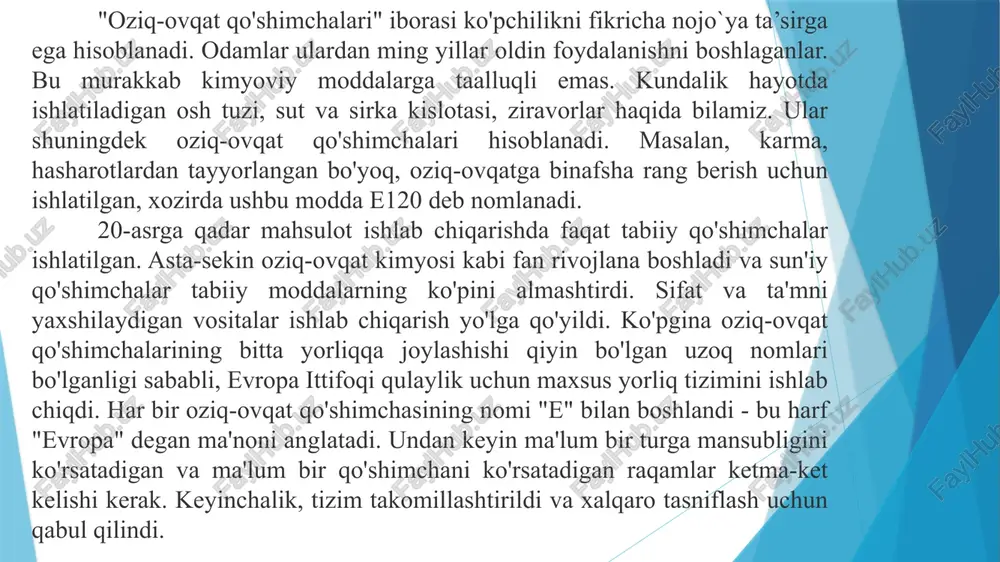 a ko‘ra, funksional ovqatlanish mahsulotlari (functional food) – ovqatlanish bilan bog‘liq kasalliklar rivojlanishi xavfini kamaytirish hamda (yoki) oziqlantiruvchi moddalar tanqisligini to‘ldirish, oldini olish, salomatlikni saqlash va yaxshilashga yo‘naltirilgan funksional ingrediyentlardan tarkib topgan tabiiy ovqatlanish mahsulotlari; profilaktik ovqatlanish oziq-ovqat mahsuloti – tabiiy tarkibiga nisbatan alohida moddalar tarkibi va (yoki) mutanosibligi o‘zgartirilgan va (yoki) tarkibida avvaldan bo‘lmagan moddalar yoki komponentlar kiritilgan uglevod, yog‘, oqsil, vitamin va boshqa moddalar almashinuvini tartibga solish uchun mo‘ljallangan maxsus oziq-ovqat mahsuloti, shuningdek, kasb kasalliklari rivojlanishi xavfini kamaytirish uchun mo‘ljallangan oziq-ovqat mahsuloti. ommaviy axborot vositalarida (oav) larda berilayotgan ayrim reklamalarda iste’molchilarni chalg‘ituvchi ma’lumotlardan foydalanilayotganligi sababli aholi orasida tushunmovchiliklar (bfq/bad larni dori vositasi sifatida, qaysidir bir kasallikdan davolanish yoki forig‘ bo‘lish maqsadida qabul qilish holatlari) kelib chiqmoqda. biologik faol qo‘shimchalar ba’zi oavlarida targ‘ibotchilar tomonidan ta’kidlanayotganidek, davolovchi ta’sirga ega emas, negaki, uning tarkibidagi biologik faol moddalar miqdori (dozasi) terapevtik dozaga nisbatan bir necha barobar past bo‘lib, asosan organizmning nutriyentlarga bo‘lgan …