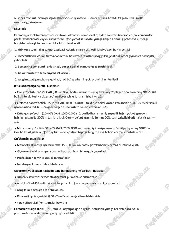 o‘zgarishlariga bog‘liq bo‘ladi (sog‘lom odamda u qon hajmining 75% gacha qismini saqlaydi). biroq qon “zaxira”sini safarbar qilish imkoniyatlari cheklangan: agar qahning 10% dan ortig‘i yo‘qotilsa, markaziy venoz bosim pasayadi va yurakka venoz qaytish kamayadi. bu holat kam chiqaruv sindromiga olib keladi, bu esa to‘qimalar va a’zolarga perfuziya kamayishiga sabab bo‘ladi. bunga javoban nospetsifik kompensator endokrin o‘zgarishlar yuz beradi. aktg, aldosteron va adg ajralishi natijasida buyraklar tomonidan natriy, xlor va suvni tutib qolish, bir vaqtning o‘zida esa kaliy yo‘qotilishi va diurez kamayishi sodir bo‘ladi. adrenalin va noradrenalinning ajralishi periferik vazokonstriksiyaga olib keladi. qon oqimidan kam muhim bo‘lgan a’zolar (teri, muskullar, ichak) chiqarib tashlanadi, qon aylanishi muhim organlar (miya, yurak, o‘pka) da saqlanib qoladi – bu qon aylanishining markazlashuvi deb ataladi. vazokonstriksiya chuqur gipoksiya va atsidoz rivojlanishiga olib keladi. bu sharoitda oshqozon osti bezining proteolitik fermentlari qonga o‘tadi va kininlar hosil bo‘lishini rag‘batlantiradi. kininlar qon tomir devorlarining o‘tkazuvchanligini oshiradi, bu esa suv …