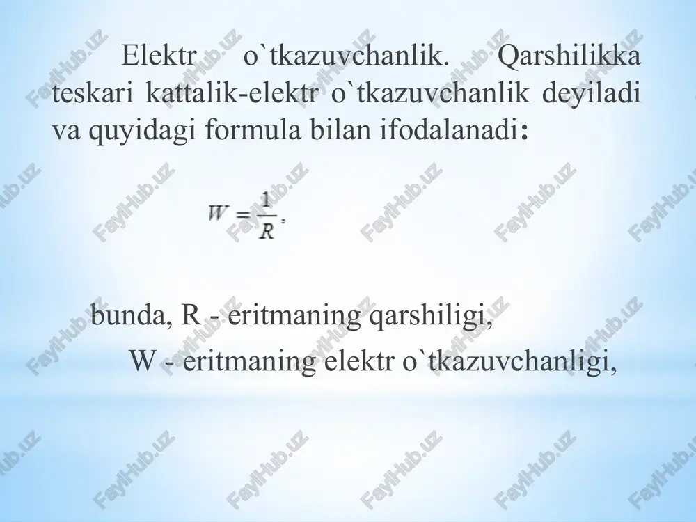 adi elektr o`tkazuvchanlik kamayadi. erituvchi kimyoviy tabiatining ta`siri. eritmaning dissotsialanish darajasi, ya`ni eritmadagi ionlar miqdori (±) erituvchining dielektrik singdiruvchanligiga bog`liq. bu kattalik qancha kichik bo`lsa, dissotsialanish shuncha kam bo`ladi, eritmaning o`tkazuvchanligi ham kam bo`ladi. to`gri konduktometriya asosida eritma konsentraiyasi bilan elektr o`tkazuvchanligi orasidagi bog`lanish yotadi. bu usul bilan eritmada bo`lgan alohida elektrolitlarni miqdorini aniqlash, ayniqsa, oziq-ovqat mahsulotlari sifatini nazorat qilish mumkin. konduktometrik titrlash – titrlash jarayonida eritmaning elektr o`tkazuvchanligi o`lchab boriladi. olingan natijalar asosida (elektr o`tkazuvchanlikni titrant hajmiga bog`iqlik) titrlash egri chiziqlar chiziladi. aniqlanadigan moddadagi ionlarning harakatchanligini turlicha bo`lganiga qarab, titrlash egri chiziqlarini ko`rinishi quyidagicha bo`ladi. image1.png image2.png image3.png image4.png image5.png image6.png image7.png image8.png image9.png image10.png image11.png /docprops/thumbnail.jpeg