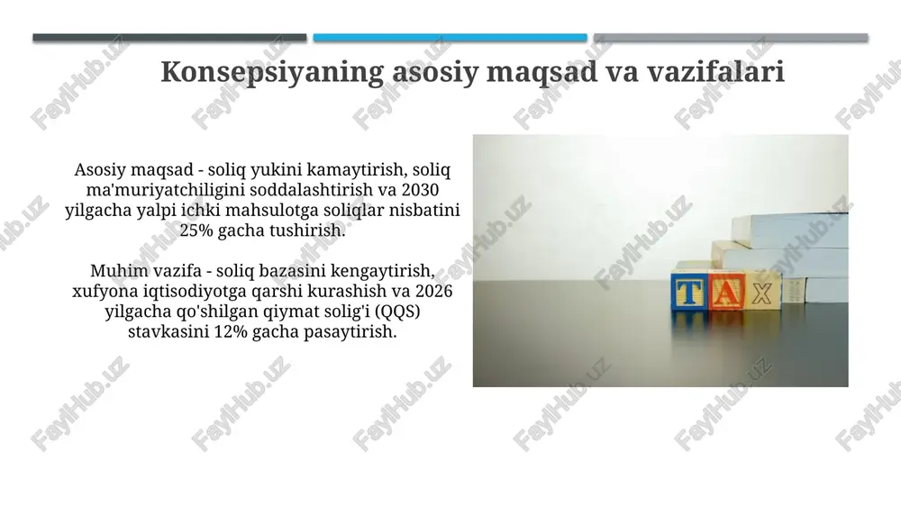 amortizatsiyasini tezlashtirish imkoniyatini ko'rib chiqadi, bu esa investitsiyalarni rag'batlantiradi. foyda solig'i qonunchiligiga kiritiladigan o'zgartishlar soliq imtiyozlarini optimallashtirish va ularning samaradorligini oshirishga qaratilgan, shu jumladan 2024-yil uchun aniq maqsadlar belgilangan. jismoniy shaxslardan olinadigan daromad solig'ini takomillashtirish jismoniy shaxslardan olinadigan daromad solig'ini takomillashtirishning asosiy yo'nalishi soliq yukini kamaytirish orqali aholi real daromadlarini oshirishdan iborat. soliq islohotlari doirasida 2019 yildan boshlab jismoniy shaxslardan olinadigan daromad solig'ining yagona stavkasi 12 foiz etib belgilandi va progressiv soliq tizimidan voz kechildi. soliq imtiyozlari va preferensiyalarni tahlil qilish va optimallashtirish soliq imtiyozlarining samaradorligini baholashda 2019-2023 yillarda berilgan imtiyozlarning byudjet daromadlariga ta'siri tahlil qilinadi hamda ularning maqsadga muvofiqligi aniqlanadi. preferensiyalarni optimallashtirishda 2024-yilda soliq yukini kamaytirishga qaratilgan imtiyozlar qayta ko'rib chiqiladi va ularning iqtisodiy o'sishga qo'shgan hissasi baholanadi. kutilayotgan natijalar va baholash mezonlari soliq yukini kamaytirish orqali iqtisodiy faollikni oshirish, ya'ni yalpi ichki mahsulotning soliq tushumlari ulushini 25% dan 23% gacha pasaytirish kutilmoqda. soliq ma'muriyatchiligini takomillashtirish, bunda soliq to'lovchilarning …