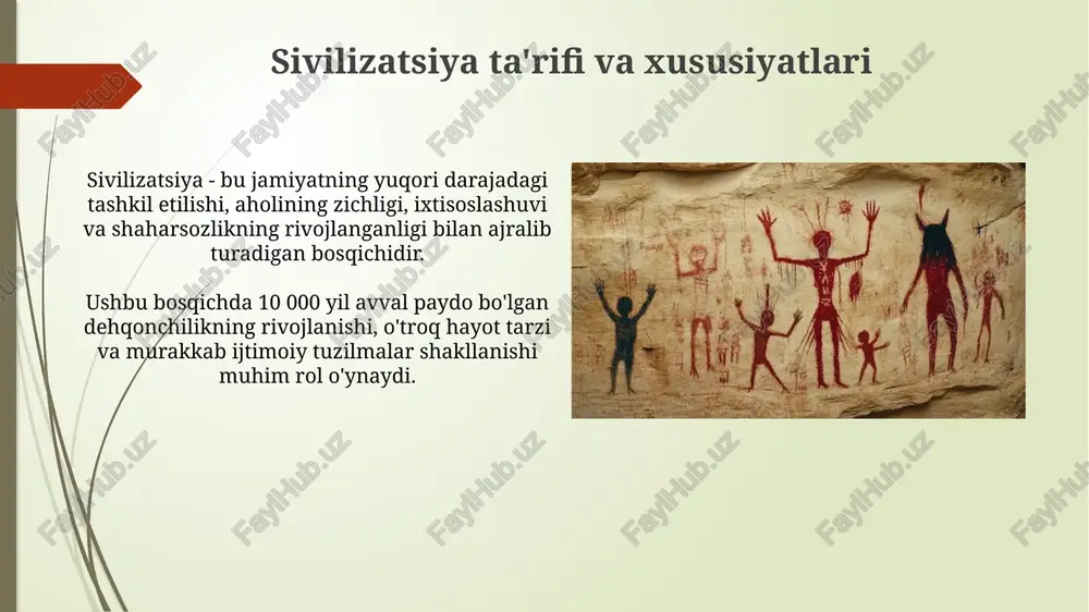 soslashuvi, mis va bronza metallurgiyasi kabi, yangi texnologiyalarni yaratdi va 2800 yil avval savdo-sotiqni kengaytirib, madaniyatlararo aloqalarni kuchaytirdi. sivilizatsiyalarning tanazzulga uchrashi va o'zgarishi ekologik degradatsiya, masalan, tuproqning unumdorligini yo'qotishi, ming yillar davomida ko'plab jamiyatlarning 10 foizgacha kamayishiga sabab bo'lgan asosiy omil bo'lgan. ijtimoiy tartibsizliklar, sinfiy ziddiyatlar va ichki urushlar davlat hokimiyatini zaiflashtirishi, soliqlarni yig'ishni qiyinlashtirishi va infratuzilmani saqlashni qiyinlashtirishi mumkin. sivilizatsiya merosi va uning bugungi kundagi ahamiyati madaniy meros, masalan, buyuk ipak yo'li, xalqaro savdoni rivojlantirish va 21-asrda ham iqtisodiy o'sishni ta'minlash uchun imkoniyat yaratadi. qadimgi me'morchilik yodgorliklari, jumladan, ichan-qal'a majmuasi, turizmni rivojlantirish orqali mahalliy aholi uchun 1000 dan ortiq ish o'rinlarini yaratishga yordam beradi. e'tiboringiz uchun rahmat image1.png image2.jpg image3.jpg image4.jpg image5.jpg image6.jpg image7.jpg image8.jpg image9.jpg image10.jpg image11.jpg image12.jpg image13.jpg image14.jpg image15.jpg image16.jpg image17.jpg image18.jpg