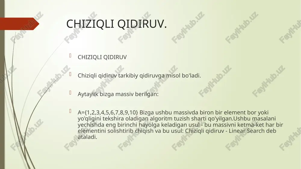 ritmidan kelib chiqib chiziqliga nisbatan ancha kam solishtirish amali bajariladi, chiziqli qidiruvning ishlash vaqti ko'pi bilan o(n) va binar qidiruvniki ko'pi bilan o(log n) xulosa. ma'lumotlar butun jadval bo'yicha operativ xotirada kichik adresdan boshlab, to katta adressgacha ketma-ket qarab chiqiladi. xotiradan joy ko’p egallasa ham smarali noaniq to’plamlarda ishlatiladi .chiziqli qidiruv sekin ishlaydi ammo u sifatli qidiruvlardan biri hisoblanadi . foydalanilngan adabiyotlar. cms.tuit.uz maruza matnlari; internet saytlar: sqlservertutorial.net jquery-az.com w3schools.com metanit.com wikipediya.com texnoman.uz http://fayllar.org image1.png image2.png workbook1.xlsx image3.png sheet1 ryadi 1 ryadi 2 ryadi 3 kategoriya 1 4.3 2.4 2 kategoriya 2 2.5 4.4 2 kategoriya 3 3.5 1.8 3 kategoriya 4 4.5 2.8 5 /docprops/thumbnail.jpeg