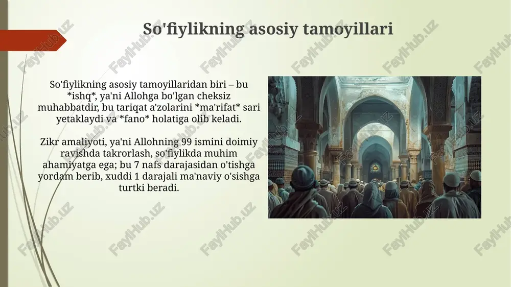 ni anglash tuyg'usini shakllantirish, ekstremistik g'oyalarga qarshi immunitetni kuchaytirishda muhimdir. so'fiylik va ma'naviy qadriyatlar so'fiylik, 12 ta asosiy tariqat (yo'llar) orqali ma'naviy kamolotga erishishga intiladi, insonni xudoga yaqinlashtiruvchi axloqiy me'yorlar va amaliyotlar majmuasini o'z ichiga oladi. ma'naviy qadriyatlar, xususan mehr-shafqat, adolat va halollik, so'fiylik ta'limotining 99 ta xudoning ismlari orqali namoyon bo'ladi, jamiyatda tinchlik va hamjihatlikni mustahkamlaydi. xulosa va kelajak istiqbollari sufizmning ma'naviy merosi 21-asrda yosh avlodning axloqiy tarbiyasida muhim rol o'ynashi, an'anaviy qadriyatlarni mustahkamlashga xizmat qilishi kutilmoqda. kelajakda sufiylik ta'limotini o'rganish orqali 10 dan ortiq ilmiy markazlar tashkil etilishi, bu sohada 500 ga yaqin tadqiqot loyihalari amalga oshirilishi rejalashtirilgan. e'tiboringiz uchun rahmat image1.png image2.jpg image3.jpg image4.jpg image5.jpg image6.jpg image7.jpg image8.jpg image9.jpg image10.jpg image11.jpg image12.jpg image13.jpg image14.jpg image15.jpg image16.jpg image17.jpg image18.jpg