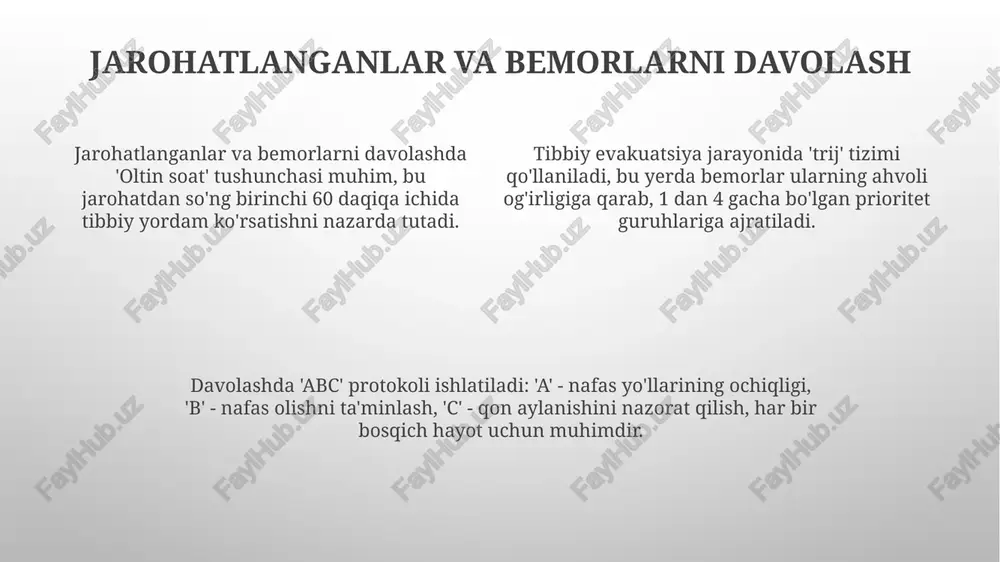 alarining mavjudligi, masalan, vertolyotlar yoki tez yordam mashinalari, evakuatsiyani tezlashtiradi, bunda 80% hollarda hayotni saqlab qolish tezligiga ta'sir qiladi. xulosa va kelajakdagi tendentsiyalar shaxsiy yondashuv evakning kelajagidir. genetik ma'lumotlardan foydalanish har bir bemor uchun 40% ga yaqin maqsadli davolash rejalarini ishlab chiqish imkonini beradi. kelajakdagi tendentsiyalarga sun'iy intellektni (ai) integratsiya qilish kiradi, bu esa triage samaradorligini 25% ga oshirishi va resurslarni taqsimlashni yaxshilashi mumkin. telemeditsina evak tizimlarida asosiy rol o'ynaydi, bemorlarni masofadan monitoring qilish va 30% ga yaqin vaqtni tejash imkonini beradi, bu esa xarajatlarni kamaytiradi. e'tiboringiz uchun rahmat image1.png image2.png