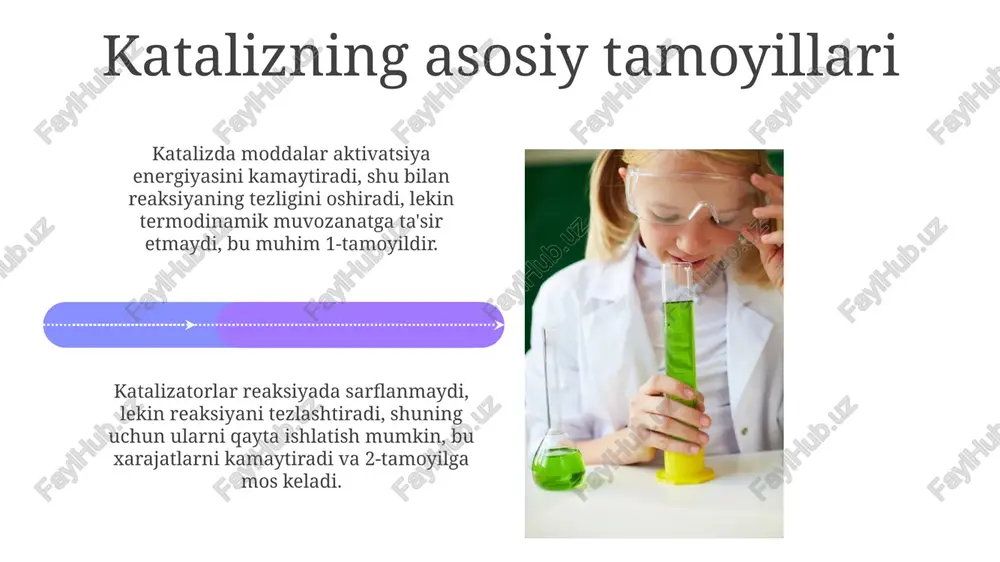 i. ularni minimallashtirish atom samaradorligini oshiradi va chiqindilarni kamaytiradi. energiya samaradorligi energiya samaradorligi 1-sonli yechim sifatida, binolarni isitish va sovutish uchun energiya sarfini 20-30% kamaytirishi mumkin bo'lgan izolyatsiya modernizatsiyasini o'z ichiga oladi. energiya samaradorligi, masalan, led yoritgichlarga o'tish orqali, 50-75% gacha energiya sarfini kamaytirib, uzoq muddatli tejashga olib keladi. misollar va tadqiqotlar misol: katalitik vodorodlash reaksiyalarida, palladiy (pd) nanopartikullari atrof-muhit uchun xavfsiz erituvchilarda yuqori samaradorlik ko'rsatadi, 95% dan ortiq mahsulot olish imkonini beradi. tadqiqotlar shuni ko'rsatadiki, zeolitlar heterogen katalizatorlar sifatida biomassa o'zgarishida samarali hisoblanadi va bu 80% dan ortiq uglerod atomini saqlab qolishga yordam beradi. e'tiboringiz uchun rahmat image5.jpg image6.jpg image7.jpg image8.jpg image9.jpg image10.jpg image11.jpg image12.jpg image13.jpg image14.jpg image15.jpg image16.jpg image17.jpg image18.jpg image19.jpg image20.jpg image21.jpg image1.jpeg image2.jpeg image3.jpeg
