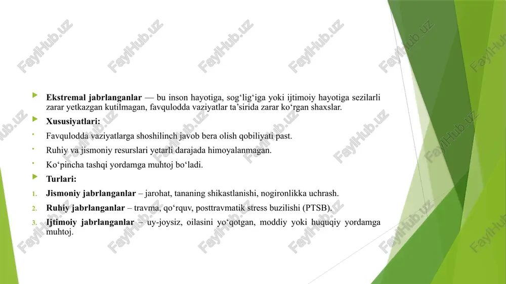 lari orqali amalga oshiriladi. yordam jarayoni xavfsizlikni ta’minlash, tezkorlik, jismoniy va ruhiy qo‘llab-quvvatlash, ijtimoiy va huquqiy yordamni o‘z ichiga oladi. psixologik yordamning samarali usullari — psixologik birinchi yordam, individual va gruppaviy terapiya, oilaviy maslahatlashuvlar bo‘lib, ular jabrlanganlarning ruhiy barqarorligini tiklash va stressni kamaytirishga xizmat qiladi. zamonaviy yondashuvlar raqamli platformalar, onlayn maslahatlar va trauma-informatsiyaga asoslangan metodlar — jabrlanganlarga tezkor va samarali yordam ko‘rsatish imkonini oshiradi. e’tiboringiz uchun raxmat image1.png image2.jpeg image3.jpeg image4.jpeg /docprops/thumbnail.jpeg