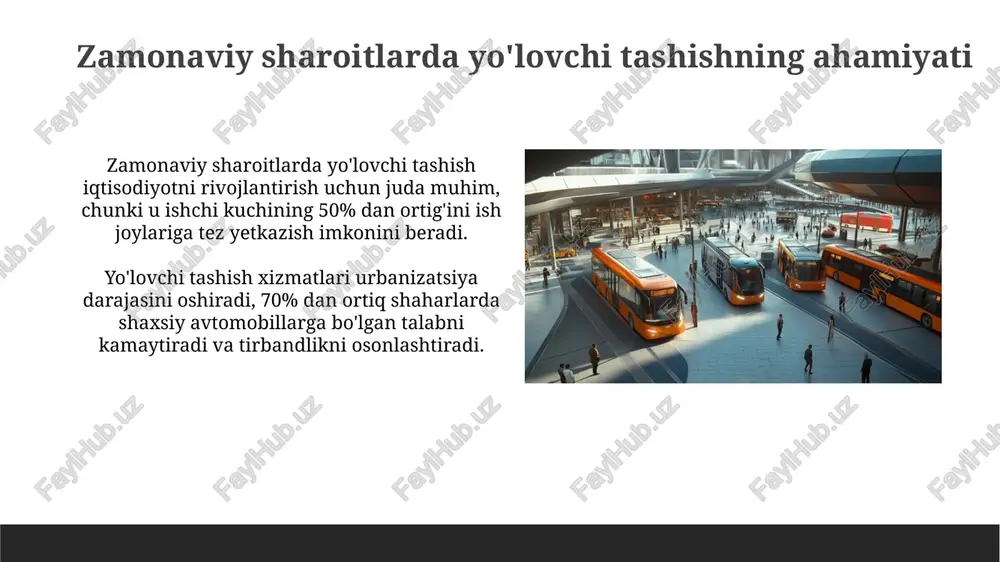 mpaniyalar bilan raqobatlashadi, tejamkor narxlar va qulay shaharlararo aloqalarni ta'minlaydi. yaponiyaning shinkansen tizimi o'zining punktualligi va tezligi bilan mashhur bo'lib, shaharlararo sayohatda ichki aviaqatnovlarga jiddiy raqobatchi hisoblanadi, 300 km/soat tezlikka erishadi. xulosa va tavsiyalar davlat subsidiyalarini 15% ga kamaytirish va temir yo'l infratuzilmasiga 20% investitsiyalarni ko'paytirish, raqobatbardoshlikni oshiradi hamda ekologik toza transportning ulushini oshirishga yordam beradi. avtomobil transporti uchun soliq yukini 10% oshirish va jamoat transporti tariflarini 5% ga kamaytirish, jamoat transportidan foydalanishni rag'batlantiradi va tirbandlikni kamaytiradi. e'tiboringiz uchun rahmat image1.png image2.jpg image3.jpg image4.jpg image5.jpg image6.jpg image7.jpg image8.jpg image9.jpg image10.jpg image11.jpg image12.jpg image13.jpg image14.jpg image15.jpg image16.jpg