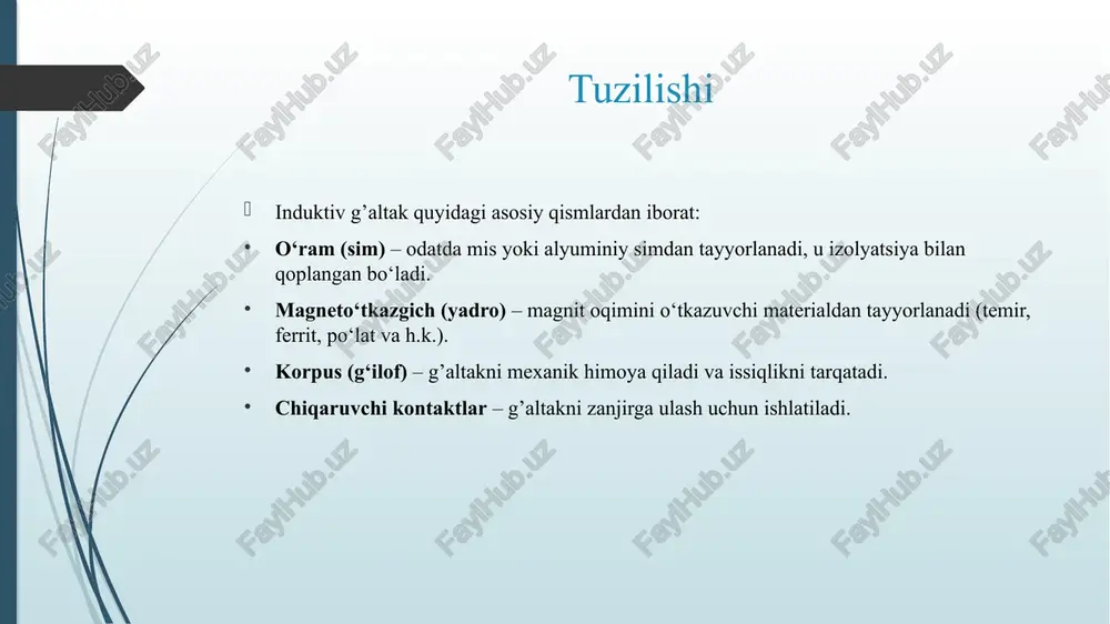 i, past chastotali kuch qurilmalarida ishlatiladi. ferrit yadroli g’altaklar: radiotexnika va mikroelektronika sohasida keng qo‘llaniladi, yuqori chastotalarda issiqlik yo‘qotishlari kam bo‘ladi. o‘ram shakliga ko‘ra silindrsimon g’altak – eng ko‘p tarqalgan turi. halqasimon (toroidal) g’altak – magnit maydon tashqariga chiqmaydi, elektromagnit shovqin kamayadi. diskli g’altak – yupqa mis tasma ko‘rinishida o‘ralgan bo‘ladi, yuqori tokli sxemalarda ishlatiladi. vazifasiga ko‘ra:filtrlovchi g’altaklar: elektr signallarini silliqlaydi, o‘zgaruvchan komponentlarni filtrlab beradi. energiya saqlovchi g’altaklar: quvvat manbalarida (masalan, dc-dc konvertorlarda) ishlatiladi. transformator g’altaklari: kuchlanishni oshirish yoki kamaytirish uchun ishlatiladi. o‘lchov g’altaklari: tok va kuchlanish transformatorlarida o‘lchov maqsadida qo‘llaniladi. induktiv g’altaklarning asosiy parametrlari induktivlik (l) – g’altakning magnit maydonda energiya to‘plash qobiliyati. q omili (sifat koeffitsienti) – g’altakning energiya yo‘qotishlariga nisbatan samaradorligi. rezonans chastotasi – g’altak o‘z sig‘imi bilan birgalikda rezonans hosil qiladigan chastota. o‘tkazuvchanlik va qarshilik – tokni o‘tkazish darajasini bildiradi. induktiv g’altakning amaliy qo‘llanilishi induktiv g’altaklar quyidagi sohalarda ishlatiladi: elektron filtrlar, kuchaytirgichlar, radio va televizor sxemalarida. …