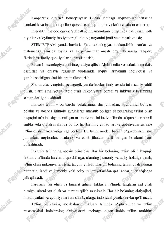 hurmat qilish muhimdir. har bir bolaning ehtiyojlari, imkoniyatlari va qobiliyatlari tan olinib, ularga individual yondashuvlar qo‘llanadi. ta'lim muhitining moslashuvi: inkluziv ta'limda o‘qituvchilar va ta'lim muassasalari bolalarning ehtiyojlarini inobatga olgan holda ta'lim muhitini moslashtiradilar. bu, o‘quvchilarning barcha ehtiyojlariga moslashgan darsliklar, metodlar va texnologiyalardan foydalanishni o‘z ichiga oladi. hamkorlik va qo‘llab-quvvatlash: inkluziv ta'limning yana bir asosiy prinsipi – o‘qituvchilar, ota-onalar va jamiyatning boshqa a'zolari o‘rtasidagi hamkorlikdir. o‘quvchilarga ta'lim berishda barcha tomonlar birgalikda ishlaydi va o‘quvchilarning o‘zlashtirish darajasini oshirishga yordam beradi. barcha o‘quvchilar uchun mos ta'lim dasturlari: inkluziv ta'limda o‘quvchilarga moslashtirilgan ta'lim dasturlari ishlab chiqiladi. bu dasturlar o‘quvchilarning turli ehtiyojlari va qobiliyatlarini hisobga olgan holda ishlab chiqiladi, shunda har bir bola maksimal darajada o‘zlashtirishni amalga oshirishi mumkin. inkluziv ta'limning global va milliy ta'lim tizimlaridagi o‘rni keng va muhimdir, chunki u dunyo bo‘ylab ta'lim sohasidagi tenglik va adolatni ta'minlashga qaratilgan asosiy harakatlardan biridir. bu ta'lim modeli, barcha bolalarga, shu jumladan, nogironligi bo‘lganlar, turli etnik …