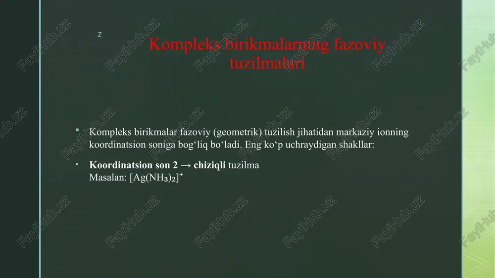 nwood, n.n., earnshaw, a. elementlar kimyosi. 2-nashr. oksford, 1997. huheey, j.e., keiter, e.a., keiter, r.l. noorganik kimyo: tuzilish va reaktivlik tamoyillari. 4-nashr. nyu-york, 1993. miessler, g.l., tarr, d.a. noorganik kimyo: tuzilish va reaktivlik tamoyillari. 3-nashr. prentice hall, 2000. lever, a.b.p. noorganik elektron spektroskopiya. 2-nashr. amsterdam, 1984. basolo, f., pearson, r.g. noorganik reaksiyalar mexanizmlari. 2-nashr. nyu-york, 1967. grinvud, n.n. noorganik kimyoning molekulyar va strukturaviy jihatlari. london, 1991. krabtri, r.h. o'tish metallarining organometall kimyosi. 6-nashr. nyu-york, 2014. z e’tiboringiz uchun raxmat z image4.jpeg image5.jpeg image6.jpeg image7.jpeg image8.jpeg image9.jpeg image2.png image3.png /docprops/thumbnail.jpeg