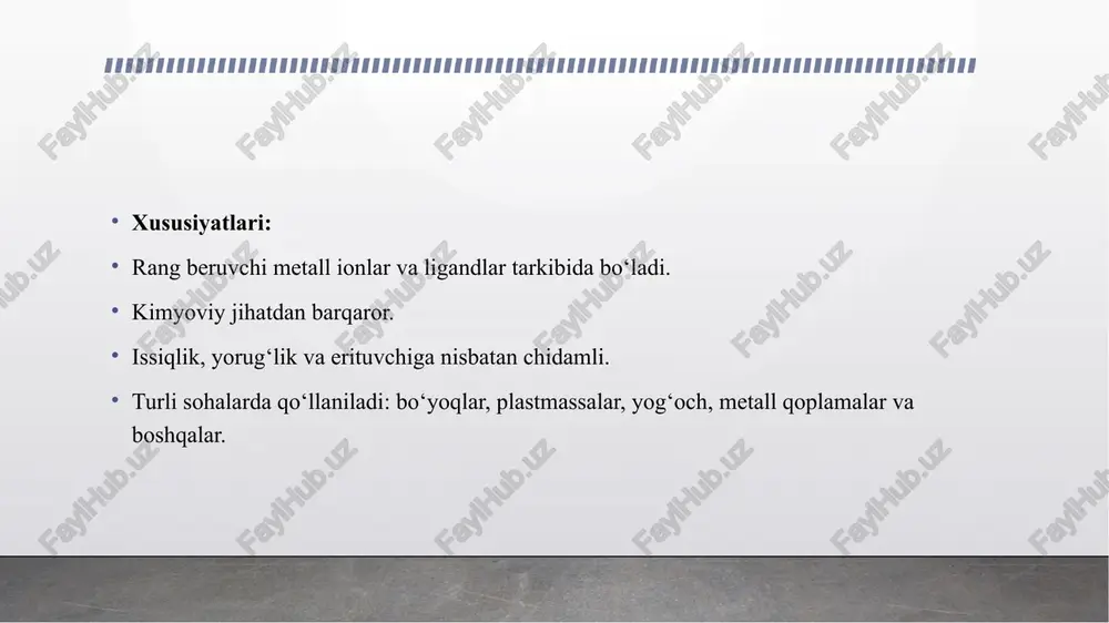 rni reaksiya qilish orqali hosil qilinadi. sol-gel metod: noorganik ligandlar bilan metal oksidlarini integratsiyalash orqali hosil qilinadi. molekulyar dizayn: organik ligandlarni modifikatsiya qilib, kerakli rang va barqarorlikni olish. ilmiy yondashuvlar va innovatsiyalar nano o‘lchamdagi kompleks pigmentlar: yorqinlik va pigment zichligini oshiradi. biomimetik pigmentlar: tabiiy rang beruvchi tizimlarni imitasiya qiladi. ekologik toza pigmentlar: kadmiy va boshqa zararli metallarni chetlash orqali ishlab chiqiladi. xulosa xulosa qiladigan bo‘lsak, kompleks pigmentlar kimyo va materialshunoslikda rang berish va barqarorlikni ta’minlovchi zamonaviy va ilmiy jihatdan muhim birikmalardir. kompleks pigmentlar – metall ionlari va organik yoki noorganik ligandlar o‘rtasida koordinatsion bog‘lanish natijasida hosil bo‘lgan rang beruvchi birikmalar bo‘lib, ular rang va barqarorlik xususiyatlari bilan an’anaviy pigmentlardan farq qiladi. ularning asosiy xususiyatlari – kimyoviy va termal barqarorlik, yorug‘likka chidamlilik, yuqori rang zichligi va turli materiallarga moslashuvchanlikdir. kompleks pigmentlar organik (ftalosiyaninlar, okso va xinolon komplekslari), noorganik (metal oksidlar, kadmiy, kobalt va mis birikmalari) va multikomponent turlarga bo‘linadi. ular rang …