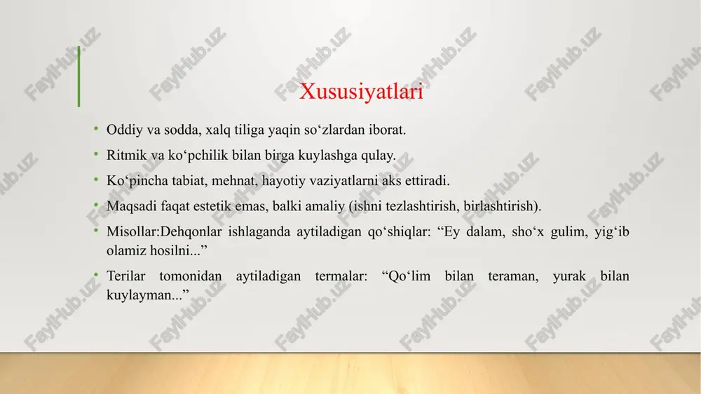 r. ular ichki dunyo va hissiyotlarni aks ettirib, shaxsiy ruhiy tajribani ifodalaydi. shunday qilib, mehnat qo‘shiqlari va termalar jamiyat hayotining amaliy, ijtimoiy qismiga xizmat qilsa, lirik qo‘shiqlar insonning ichki dunyosini, shaxsiy his-tuyg‘ularini ifodalashga xizmat qiladi. ikkala tur ham xalq ijodining boyligini, musiqiy va poetik merosini shakllantiradi. foydalanilgan adabiyotlar axmedov, s. o‘zbek xalq musiqasi tarixi. – toshkent: fan, 2015. qodirov, n. xalq og‘zaki ijodi va musiqiy meros. – toshkent: o‘qituvchi, 2017. mirzaev, r. xalq qo‘shiqlari va ularning turlari. – toshkent: sharq, 2018. rustamov, a. mehnat qo‘shiqlari va termalar: o‘quv qo‘llanma. – samarqand: ilm, 2016. yoqubov, t. lirik qo‘shiqlar va ularning ifoda vositalari. – toshkent: adabiyot va san’at, 2019. xolmatov, b. xalq musiqiy ijodi: tarixiy va zamonaviy tahlil. – toshkent: fan va texnologiya, 2020. rasulov, j. xalq qo‘shiqlari va ularning janrlari. – buxoro: madaniyat, 2017. abdukarimov, m. o‘zbek xalq qo‘shiqlarining melodiya va ritmi. – toshkent: musiqashunoslik, 2018. hakimov, s. og‘zaki ijodda lirik …