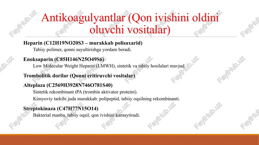 beta-blokatorlar, nitratlar va statinlar. har bir guruhning o‘ziga xos mexanizmi bor: qon ivishini kamaytirish, tromb hosil bo‘lishini oldini olish, yurak mushagini kislorod bilan ta’minlash yoki xolesterol darajasini pasaytirish. xulosa qilganda, miokard infarkti davolashida dorilarning samarali ishlashi ularning kimyoviy tarkibi va mexanizmi bilan chambarchas bog‘liq. sintetik dorilar tez va kuchli ta’sir ko‘rsatadi, tabiiy vositalar esa asosan profilaktika va qo‘shimcha terapiyada foydalidir. mi davolashda dorilarni to‘g‘ri guruhlash, ularning kimyoviy tarkibini bilish va farmakologik ta’sirini tushunish muhim hisoblanadi. e’tiboringiz uchun raxmat image2.png image3.jpeg image4.jpeg image5.jpeg /docprops/thumbnail.jpeg