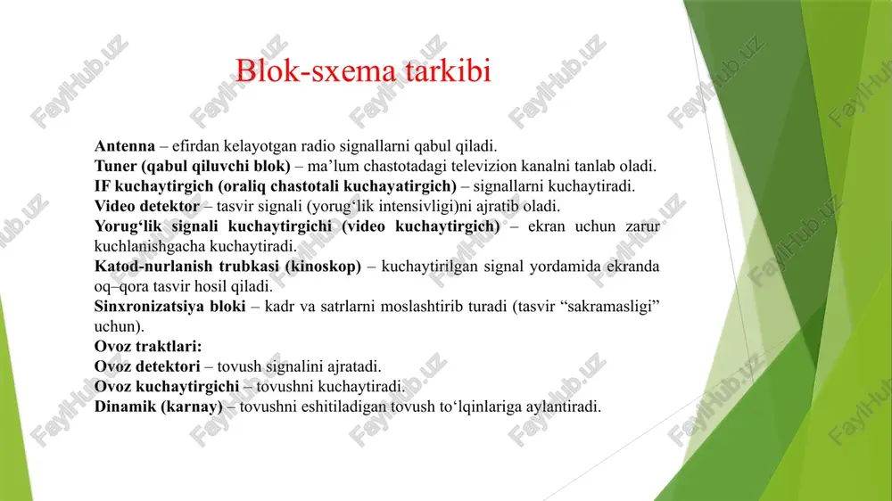 a optikmexanik qurilmalardan foydalanilgan (ularni ishlab chiqishni nemis muhandisi p. g. nipkov 1884-yildan boshlab bergan). 30-yillar oʻrtalaridan boshlab dastlabki elektron televideniye tizimi paydo boʻldi. inson koʻzi uzatilgan televizion tasvirlarni kabul qiluvchi oxirgi boʻgʻim hisoblangani uchun televizion tizimlar koʻzning koʻrish jarayonlarini hisobga olib qurilgan, yaʼni televideniye koʻz xususiyatlariga asoslangan. bunda kolbachalar va tayoqchalar oʻrnida fotoelementlar ishlatilgan. agar obyektiv orqali biror obʼyektning tasviri fotoelementlardan tashkil topgan panelga tushirilsa, tasvirning alohida elementlaridan kelayotgan yorugʻlik intensivligiga monand elektr signallari olinadi. televideniye taraqqiyotida ichki fotoeffektni ochgan (1873) u. smithning, tashqi fotoeffektning asosiy qonuniyatlarini belgilab bergan (1888) a. g. stoletovnij, radioaloqani ixtiro qilgan (1895) a. s. yaoiovning, „katod teleskop“ tizimini ishlab chiqqan (1907) va shu tizim boʻyicha lab. sharoitida birinchi marta elektron televizion uzatishni amalga oshirgan (1911) b. l. rozingning xizmatlari katta. 1928 yilda oʻzbekistonlik ixtirochilar b. p. grabovskiy va i. f. belyanskiylar elektronnur yordamida xarakatdagi tasvirni bir joydan ikkinchi joyga uzatadigan va qabul qiladigan „radiotelefot“ni …