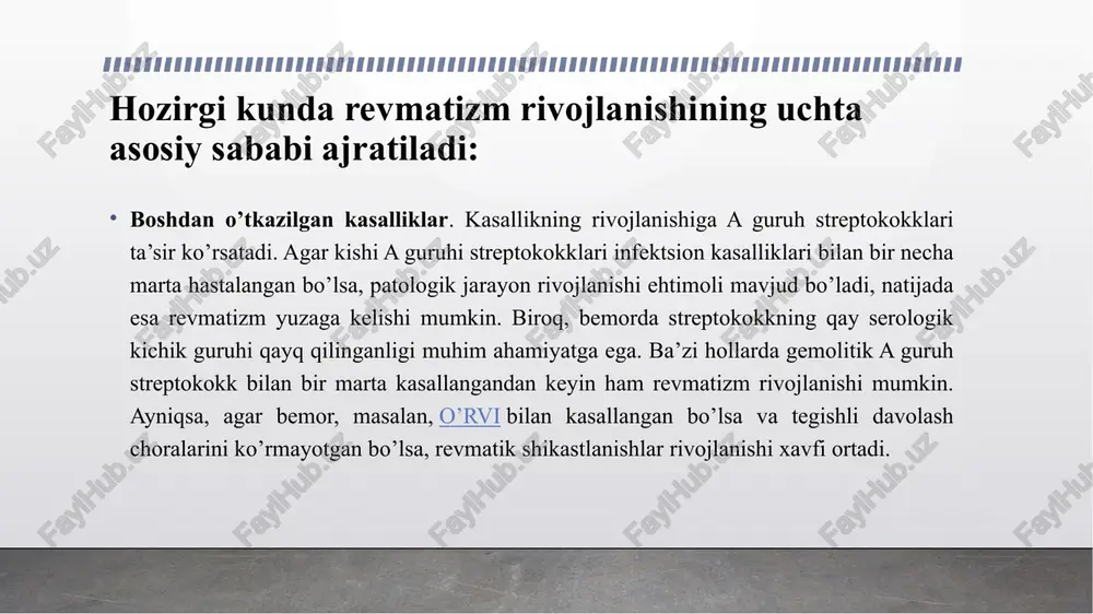 yoki plevrit shaklida namoyon qiladi. revmatizmning teri shakli. kasallikning bu shakli teri toshmalari yoki o’ziga xos revmatik tugunlar shaklida namoyon bo’ladi. kasallikning teri shakli revmatizmga chalingan bemorlar umumiy sonining 5 foizidan oshmaydi. revmatizmning oftalmologik shakli. kasallikning bu shakli faqat revmatizmning klassik alomatari bilan birgalikda aniqlanadi. odatda, oftalmologik shakli ko’zning to’r pardasiga ta’sir qiladi. revmatizmning oftalmologik shakli qisman yoki to’liq ko’rlikka olib kelishi mumkin. revmatizm alomatlari: kasallik qanday namoyon bo’ladi revmatizm — yakka kasallik emas. ko’pincha u boshqa patologiyalar bilan «qo’shnilik» qiladi, chunki streptokokklar ajratadigan zararli moddalar va immunitet antitanalari ko’plab a’zolarga va tizimlarga zarar yetkazadi va bunday namoyon bo’lishlarning hammasi revmatizm shakllari deb hisoblanishi mumkin. revmatizmning birinchi alomatlari kasallikni aniqlash imkonini bermaydi. ular streptokokk shikastlanishli boshdan o’tkazilgan yuqori nafas yo’llarining infektsiyasidan (faringit, laringit, tonzillit) 2-3 hafta o’tib namoyon bo’ladi. tasvir shamollashning qaytalanishi kabi ko’rinadi. o’tkir revmatizmning alomatlari tana haroratining ba’zan 40 darajaga qadar ko’tarilishi, pulsning tezlashuvi, varaja, ko’p terlash, kuchsizlik, …