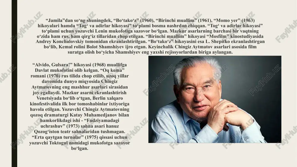 hati asardan olgan taasurotlarim chingiz aytmatovning buyuk yozuvchiligi shundaki, siyosatdan tamomila chetda turuvchi, siyosiy muammolar hal qilinadigan joylardan minglab chaqirim yiroqda umr kechiruvchi kamtargina odam ham aslida siyosatning ta`siridan holi bo`lolmasligini bo`ronli edigey misolida juda ishonarli aks ettirgan. edigey kechagi kunini unitmagan, bobolar amal qilgan yuksak udumlar asosida yashashga o`zida kuch topa oladigan chin insondir. uning ezgu insoniy sifatlari qiyinchiliklarga qaramay marhum kazangapning vasiyatini bajarishga o`zida kuch topganida, qanchalik g`azablanmasin, o`lik bor joyda janjallashmalikga qudrati yetganida, sobitjonning gap-so`zlariga munosabatida yaqqol ko`rinadi. e’tiboringiz uchun rahmat image1.jpeg image2.jpeg image3.jpeg image4.jpeg image5.jpeg image6.jpeg image7.jpeg image8.jpeg image9.jpeg image10.jpeg image11.jpeg image12.jpeg image13.jpeg