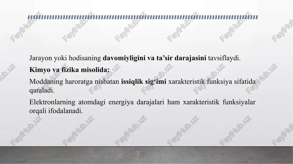 paydo bo‘ladi. fazaviy o‘zgarish effekti – moddaning bir fazadan boshqasiga o‘tishi (muz → suv, suv → bug‘) bilan bog‘liq. shunday qilib, xarakteristik funksiyalar va issiqlik effektlarini o‘rganish jarayonlarni chuqurroq tushunish, energiya o‘zgarishlarini aniqlash va moddalarning fizik-himoyalash xususiyatlarini baholash imkonini beradi. ular nazariy va amaliy fizika, kimyo va muhandislik sohalarida muhim rol o‘ynaydi. foydalanilgan adabiyotlar · kuznesov, v.a. fizicheskaya ximiya. – moskva: ximiya, 2015. – 512 b. · landsberg, g. termodinamika i statisticheskaya fizika. – sankt-peterburg: piter, 2018. – 432 b. · petryuk, a.i. obshaya ximiya. – kiev: naukova dumka, 2016. – 608 b. · kapitsa, p.l. fizika nizkix temperatur. – moskva: nauka, 2014. – 384 b. · ximikov, v.i. teplovie effekti v ximii. – sankt-peterburg: ximiya, 2017. – 256 b. · pulin, a.s. termodinamika i kinetika ximicheskix protsessov. – moskva: lan, 2019. – 448 b. · feynman, r. feynman leksii po fizike. tom 1. – moskva: mir, 2012. – 656 …