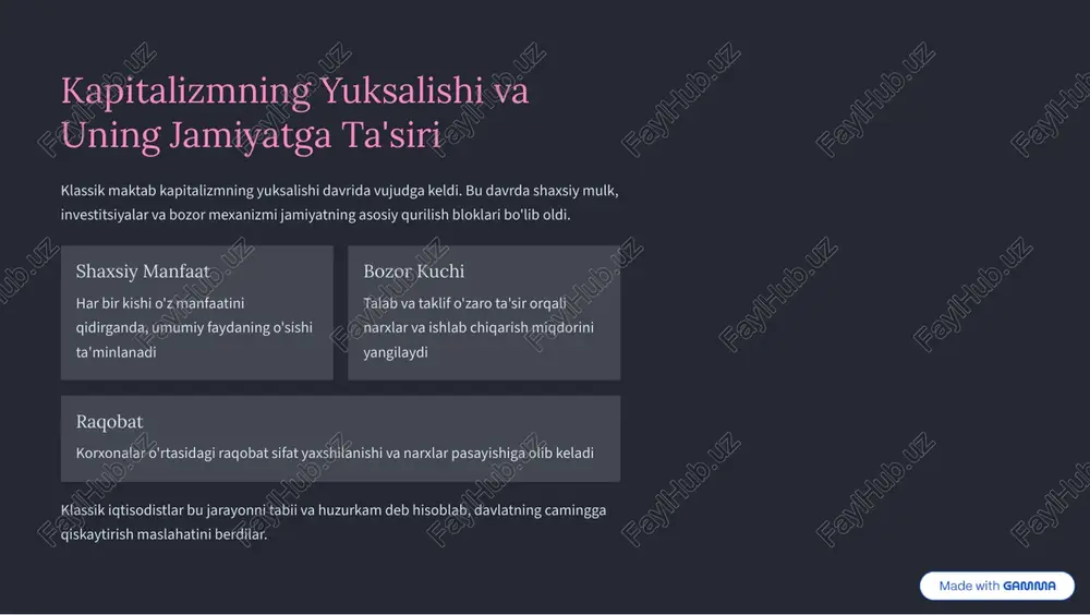 na davlatlarda moliyaviy siyosatning asosini hosil qildi ijtimoiy masalalar klassik maktab ijtimoiy tengsizliklarni e'tibor qaragan birinchi iqtisodiyot maktabi bo'lib, keyinchalik marksizm va boshqa ijtimoiy fikrlarning yo'li ochdi bugungi kunda, klassik iqtisodiyotning prinsiplari har qanday zamonaviy iqtisodiyot nazariyasining asosi sifatida qo'llaniladi. u iqtisodiy tafakkurning evolyutsiyasida o'ta muhim rol o'ynar va iqtisodiyot mutaxassislari uchun o'rganilishi shart bo'lgan birinchi bosqich hisoblanadi. https://gamma.app/?utm_source=made-with-gamma