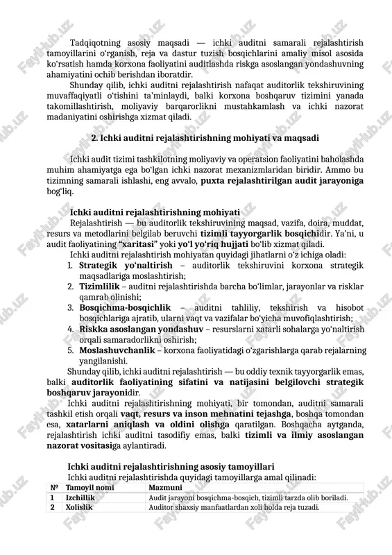 aqt, resurs va inson mehnatini tejashga, boshqa tomondan esa, xatarlarni aniqlash va oldini olishga qaratilgan. boshqacha aytganda, rejalashtirish ichki auditni tasodifiy emas, balki tizimli va ilmiy asoslangan nazorat vositasiga aylantiradi. ichki auditni rejalashtirishning asosiy tamoyillari ichki auditni rejalashtirishda quyidagi tamoyillarga amal qilinadi: № tamoyil nomi mazmuni 1 izchillik audit jarayoni bosqichma-bosqich, tizimli tarzda olib boriladi. 2 xolislik auditor shaxsiy manfaatlardan xoli holda reja tuzadi. 3 samaradorlik resurslardan oqilona foydalanish, ortiqcha tekshiruvlardan qochish. 4 riskga asoslanganlik yuqori xavfli sohalarga ustuvor e’tibor berish. 5 moslashuvchanlik rejani o‘zgaruvchan holatlarga moslashtirish imkoniyati. 6 aniqlik va o‘lchovlilik har bir reja bandi aniq, o‘lchanadigan natijaga yo‘naltirilgan bo‘lishi kerak. mazkur tamoyillarga amal qilinishi ichki auditning sifat ko‘rsatkichlarini belgilab beradi va audit hisobotlarining ishonchliligini oshiradi. ichki auditni rejalashtirishning maqsadi ichki auditni rejalashtirishning asosiy maqsadi — tekshiruvni tizimli, nazoratga asoslangan va maqsadga yo‘naltirilgan tarzda tashkil etishdir. boshqacha qilib aytganda, rejalashtirish ichki auditning “yo‘nalish chizig‘ini” belgilaydi, ya’ni nimani, qachon, kim …