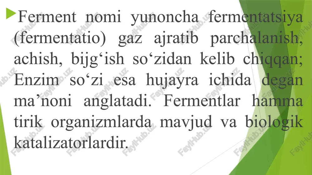 ioza va glyukoza olishda 7 proteazalar mikro proteazalarini, pivo go’shtni yumshatishga, terini ishlash 8 bromelain ozuqa arashmasi tayyorlash go’shtni yumshatish 9 papain pivoni tindirish go’shtni yumshatish 10 tripsin terini ishlash, medisinada 11 rennin pishloq tayyorlash, sutni achitish 12 lipazalar sut mahsulotlarini mazasini o’zgartirish (turli) moddalarni parchalash va sintezlash 13 oksidoreduktazalar ozuqa mahsulotlarini kislorodni yo’qotish 14 glyukozooksidaza sut mahsulotlarining sterilizasiyasidan keyin vodorod peroksidini yo’qotish fermentlar olish texnologiyasi fermentlardan biotexnologik va boshka xalq xo’jalik maqsadlarida foydalanish bir necha ming yillik tarixga ega bo’lsada, amaliyotda katta axamiyatga ega bo’lgan ish birinchi bo’lib tirik xujayralardan buxner 1897 yilda aktiv fermentlar ajratib olinishidan boshlanadi. buxner ishlaridan so’ng 1926 yilda amerikalik bioximik samner fermentlarini kristall holatda ajratib olish usulini ajratib oldi va toza ureaza fermentini ajratib oldi. amerikalik bioximik j.nortrop kristall xolda tripsin, pepsin, ximotripsinni ajratib oldi. bu ishlari uchun samner bilan birgalikda nobel mukofotiga sazovor bo’lishdi. fermentlarni to’qima gomogenatlari va ekstraktlaridan ajratib olish mumkin. buning …