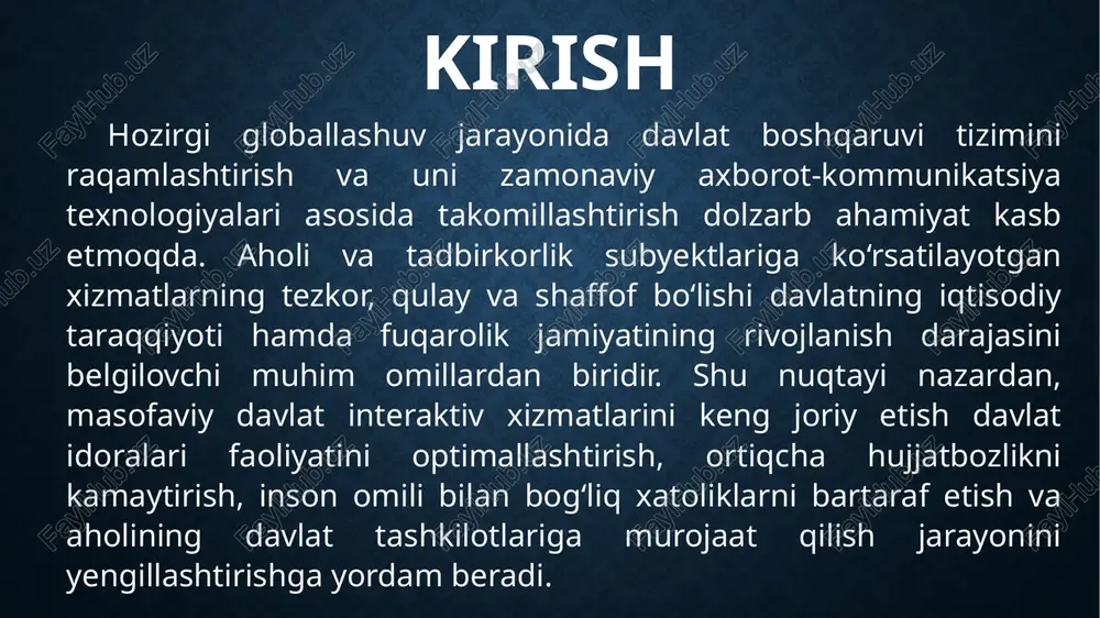 i va qulayligini yaxshilashda muhim omil bo‘lib xizmat qiladi. ushbu xizmatlar aholining davlat idoralariga murojaat qilish jarayonini soddalashtirish, vaqt va mablag‘ tejalishini ta’minlash, inson omili bilan bog‘liq xatoliklarni kamaytirish hamda boshqaruv jarayonlarida shaffoflikni oshirishga yordam beradi. ikkinchidan, masofaviy xizmatlar korrupsion xavflarni kamaytiradi, chunki xizmatning barcha jarayonlari avtomatlashtirilgan va raqamli izchillik asosida bajariladi. bunda mansabdor shaxsning bevosita aralashuvi minimallashtiriladi, natijada xizmat ko‘rsatish jarayonlarida shaffoflik va ishonch ortadi. uchinchidan, masofaviy xizmatlar iqtisodiyotga ham sezilarli ta’sir ko‘rsatadi. xizmatlar elektron shaklga o‘tkazilishi davlat xarajatlarini optimallashtirishga va resurslarni oqilona boshqarishga imkon yaratadi. bundan tashqari, tadbirkorlik subyektlari uchun zarur ruxsatnomalar va litsenziyalarni tezkor olish imkoniyati biznes jarayonlarini tezlashtiradi va iqtisodiy faollikni oshiradi. xulosa masofaviy davlat interaktiv xizmatlarini joriy etish zamonaviy davlat boshqaruvining muhim yo‘nalishlaridan biri hisoblanadi. ushbu xizmatlar fuqarolar va tadbirkorlik subyektlariga davlat idoralariga bevosita murojaat qilmasdan turib, huquqiy va ma’muriy xarakterdagi amallarni tezkor, shaffof hamda qulay tarzda bajarish imkonini beradi. natijada, byurokratik to‘siqlar kamayadi, davlat …