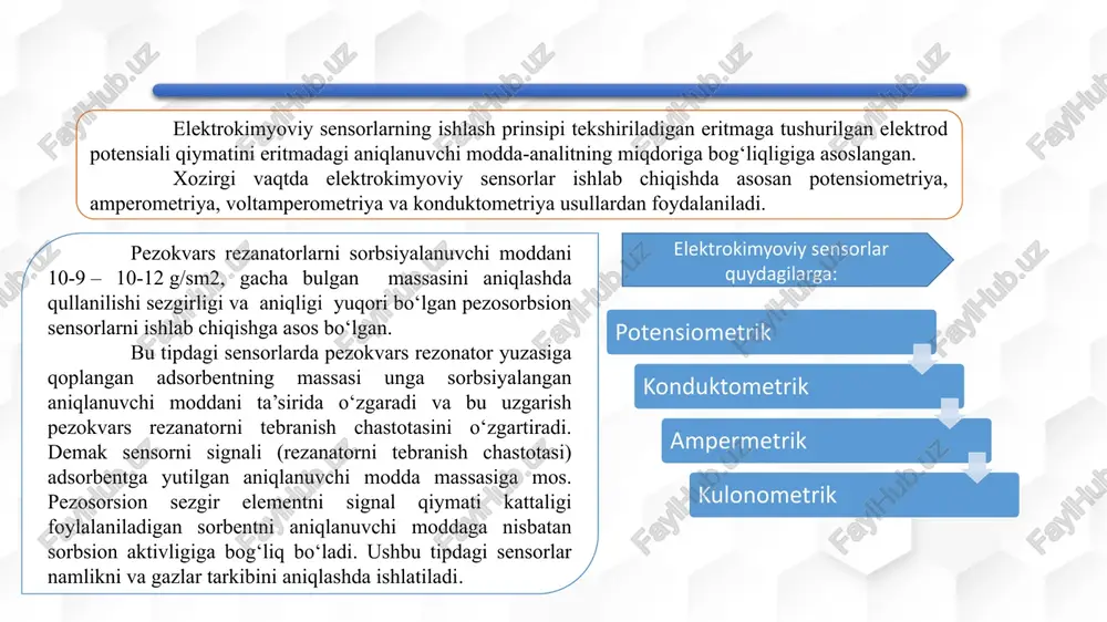 atmosfera havosi muhitidagi qarshiliklari farqi aralashmada h2s konsentratsiyasi kursatadi. o2 n2s o2 h2s + 3o- 3 e- + s o2 + h2o h2o so2 n2o (zno,tio2,wo3) gazsezgir yarimo‘tkazgich qavati yarimo'tkazgichli sensorlar. sno2 asosida gaz sezgir qavat xosil qilishda ishlatilgan modifikatorlar. yarimo'tkazgichli sensorlar. yarimo‘tkazgichli sensorning yana bir kurinishida sensorning sezgir elementi qizdirgichi platina simidan tayyorlangan spiral formasida bulib uni yuza qatlami 30-100nm qalinlikdagi n- tipidagi yarimo‘tkazgichli metall oksidi qatlami bilan qoplangan. yao‘s ning shisha bilan qoplangan platina spiralidan tayyorlangan mikro naycha ko‘rinishidagi konstruksiyasi 3 5 2 1 6 4 b a v rasm. yarimo‘tkazgichli sensorning sxemasi-a, tashqi ko‘rinishi-b va sezgir elementi-v 1-sezgir element; 2-shisha bilan qoplangan pt simi; 3-metall tutqich; 4-tok o‘tkazuvchi kontakt; 5-korpus; 6 –g‘ovak himoya qopqog‘i. yarimo'tkazgichli sensorlar. yarimo‘tkazgichli sensorning sxemasi: 1-reaksion kamera, 2-nikel simidan tayyorlangan gazo‘tkazuvchan setka 3-yarimo‘tkazuvchan gazsezgir material, 4-silindrsimon prijinadan iborat qizdirgich, 5 va 7-signalni o‘zatgich , 6-reaksion kameraning asosi, 7-, 8-qiztiruvchi qavatga tokni o‘zatuvchi kantaktlar …