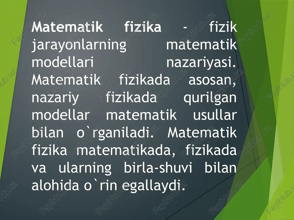at argumenti. o’lchov birligi “ sekund” 4 fazo bir vaqtda mavjud bo’lgan ob’ektlarning joylashish tartibi 5 sanoq sistema shartli ravishda qo’zg’almas deb olish yoki harakatdagi jismga biriktirilgan deb qarash mumkin. 6 traektoriya vaqt o’tishi bilan nuqtaning fazoda qoldirgan izi 7 ko’chish biror sanoq sistemaga nisbatan nuqtaning ma’lum vaqt ichida fazoda bir holatdan boshqa holatga ixtiyoriy ravishda o’tishi. 8 tezlik harakatning jadalligini ifodalovchi kattalik 9 tezlanish vaqt o’tishi bilan nuqta tezligining miqdor va yo’nalishi jihatidan o’zgarishini ifodalovchi kattalik. 10. harakat nuqtaning boshlang’ich holatidan oxirgi holatiga vaqtga bog’liq holda aniq bir usulda o’tishi. nuqta kinematikasi ikki asosiy masalasi brilgan sanoq sistemasiga nisbatan nuqtaning harakatini matematik usulda aniqlash. berilgan sanoq sistemasiga nisbatan nuqtaning harakatini matematik usulda aniqlash. fazoda harakatlanayotgan nuqta ning biror sanoq sistemaga nisba tan holati bilan vaqt orasidagi bog’lanishni ifodalovchi tengla ma nuqtaning harakat qonunini aniqlaydi. nuqta harakatining berilish usullari. radius vektor uusulida koordinata usulida tabiiy usulda s = f (t) …