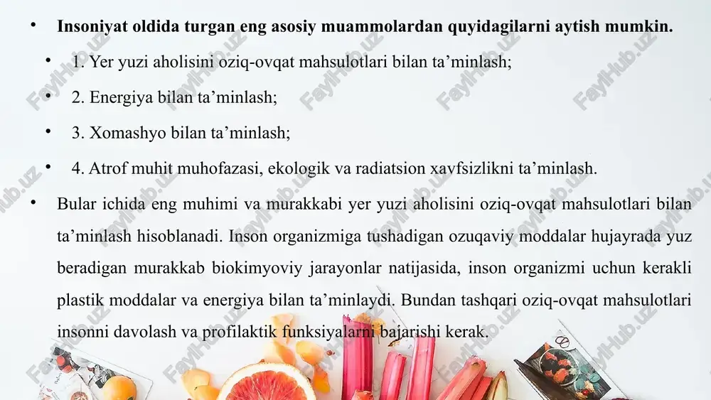 nlik ovqatlanish ratsionini turli foydali vitaminlar bilan boyitib borish hamda bir kunda besh marta: ertalabki nonushta, ikkinchi nonushta, tushlik, tushdan keyingi yengil ovqatlanish, kechki taom bilan belgilash tavsiya etiladi. this presentation uses a free template provided by fppt.com www.free-power-point-templates.com yodda tuting! 10–13 yoshlar oralig‘ida inson organizmi tez rivojlanadi. muskul va suyaklarning o‘sishi uchun ko‘proq go‘shtli va sutli mahsulotlarni iste’mol qilish tavsiya etilad oziq-ovqat mahsulotlarini uyquga ketishdan 2–2,5 soat oldin isteʼmol qiling. kechki taomni isteʼmol qilish vaqtini 18.00 dan 19.00 gacha qatʼiy belgilang. this presentation uses a free template provided by fppt.com www.free-power-point-templates.com yog‘, oqsil, uglevod va vitaminlarning inson hayotidagi ahamiyati oqsillar – organizm hujayralari va to‘qimasining asosini tashkil qiladi. oqsillar tuxum, sut va sut mahsulotlari, go‘sht, baliq, shuningdek, o‘simlik mahsulotlari – loviya, bug‘doyning undirilgan doni, dengiz o‘tlari, oq loviya, non, xamirli makaron mahsulotlari, jigarrang guruch, yong‘oqda mavjud bo‘ladi. o‘simlik oqsillari kerakli oziqlar bilan organizmni to‘liq ta’minlay olmaydi, shuning uchun inson …